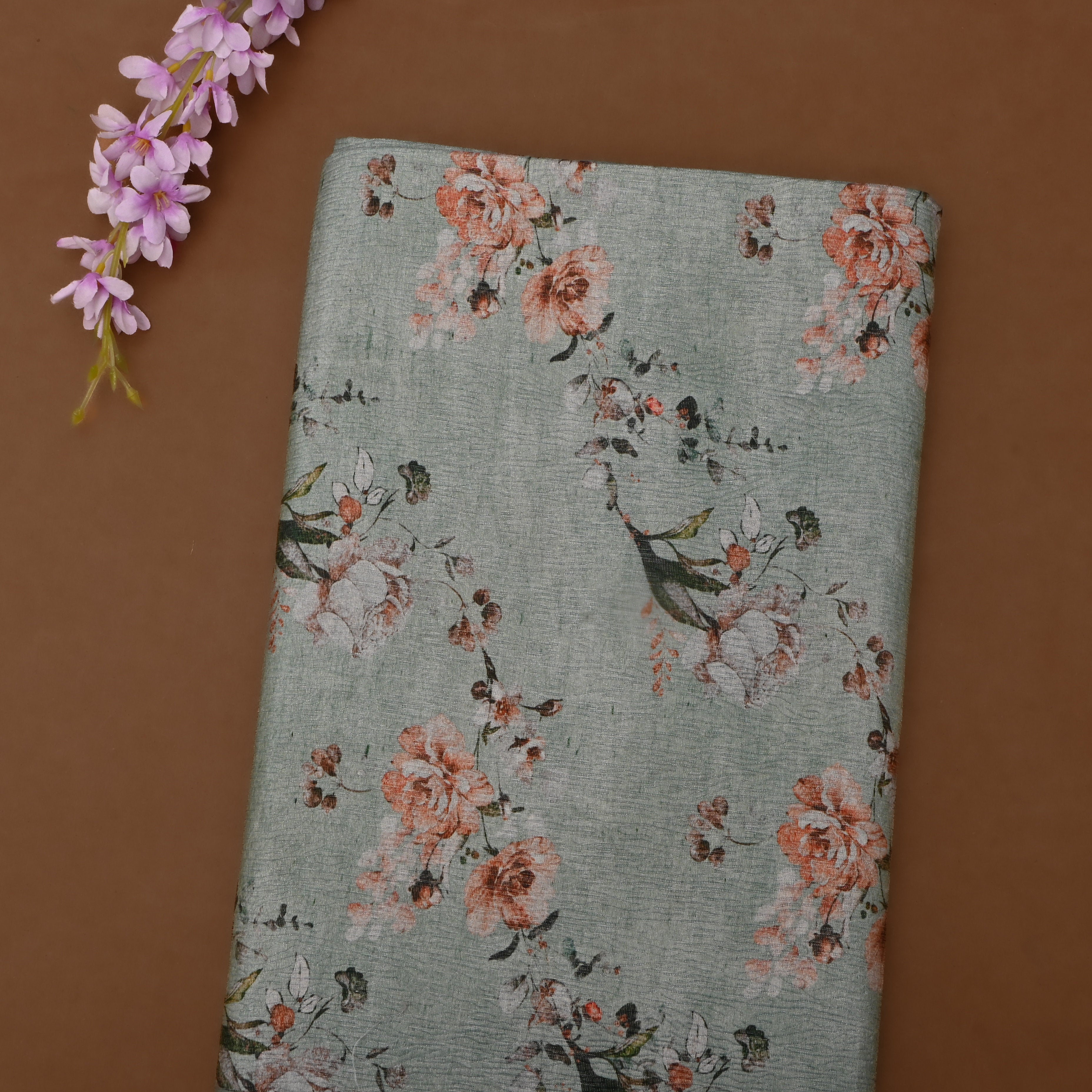 Seafoam Green Tissue Fabric With Floral Prints