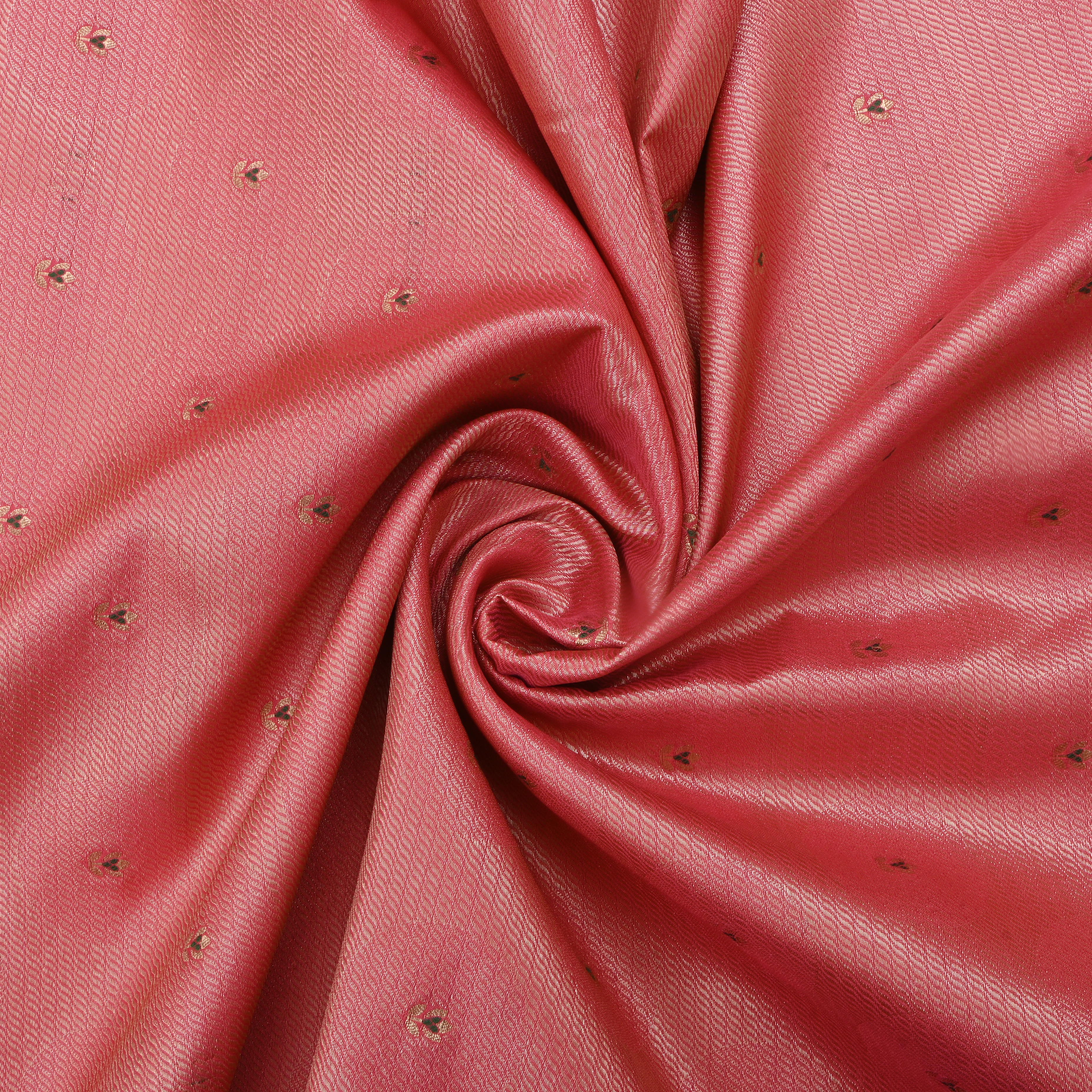 Light Coral Red Jamawar Silk Fabric With Floral Butti'S