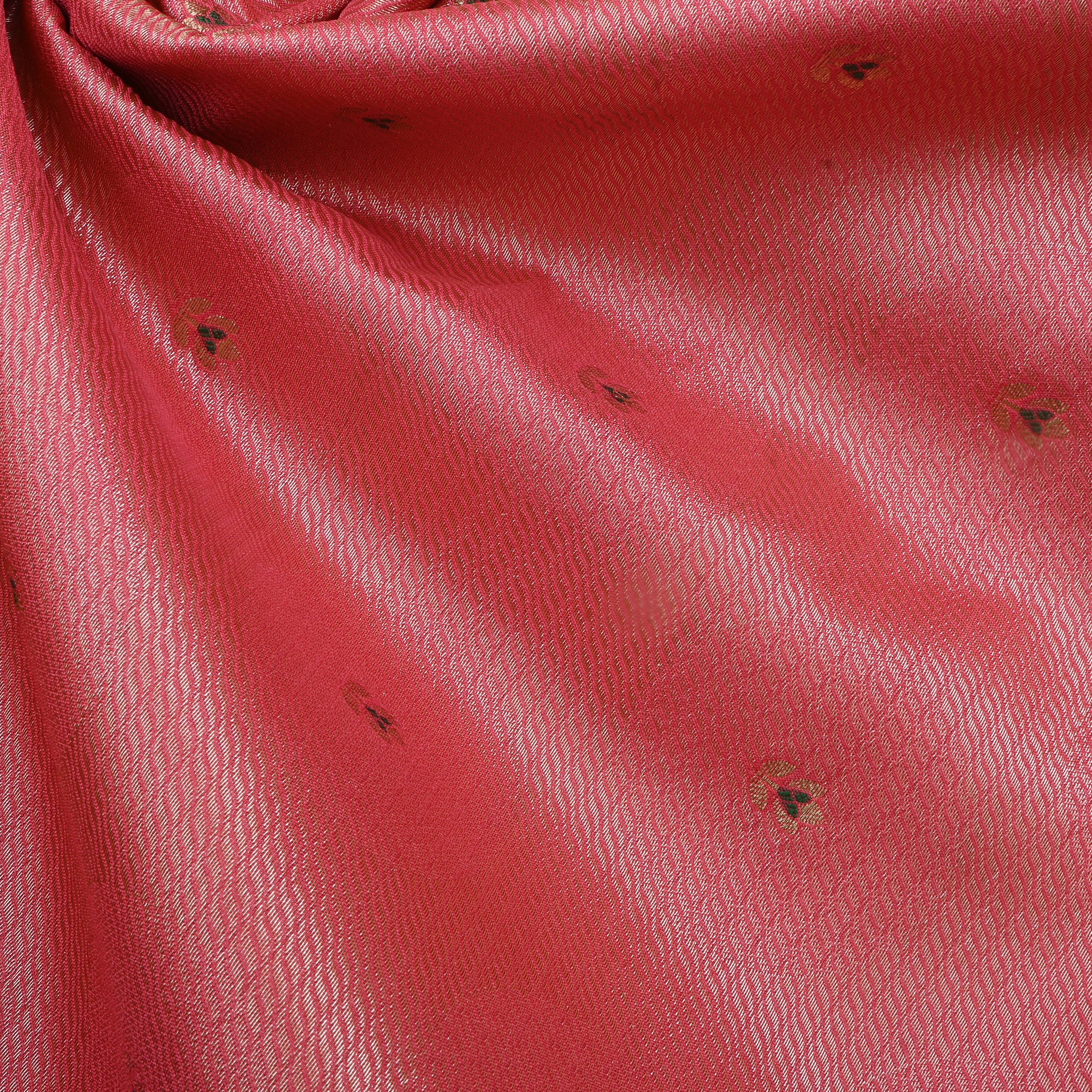 Light Coral Red Jamawar Silk Fabric With Floral Butti'S