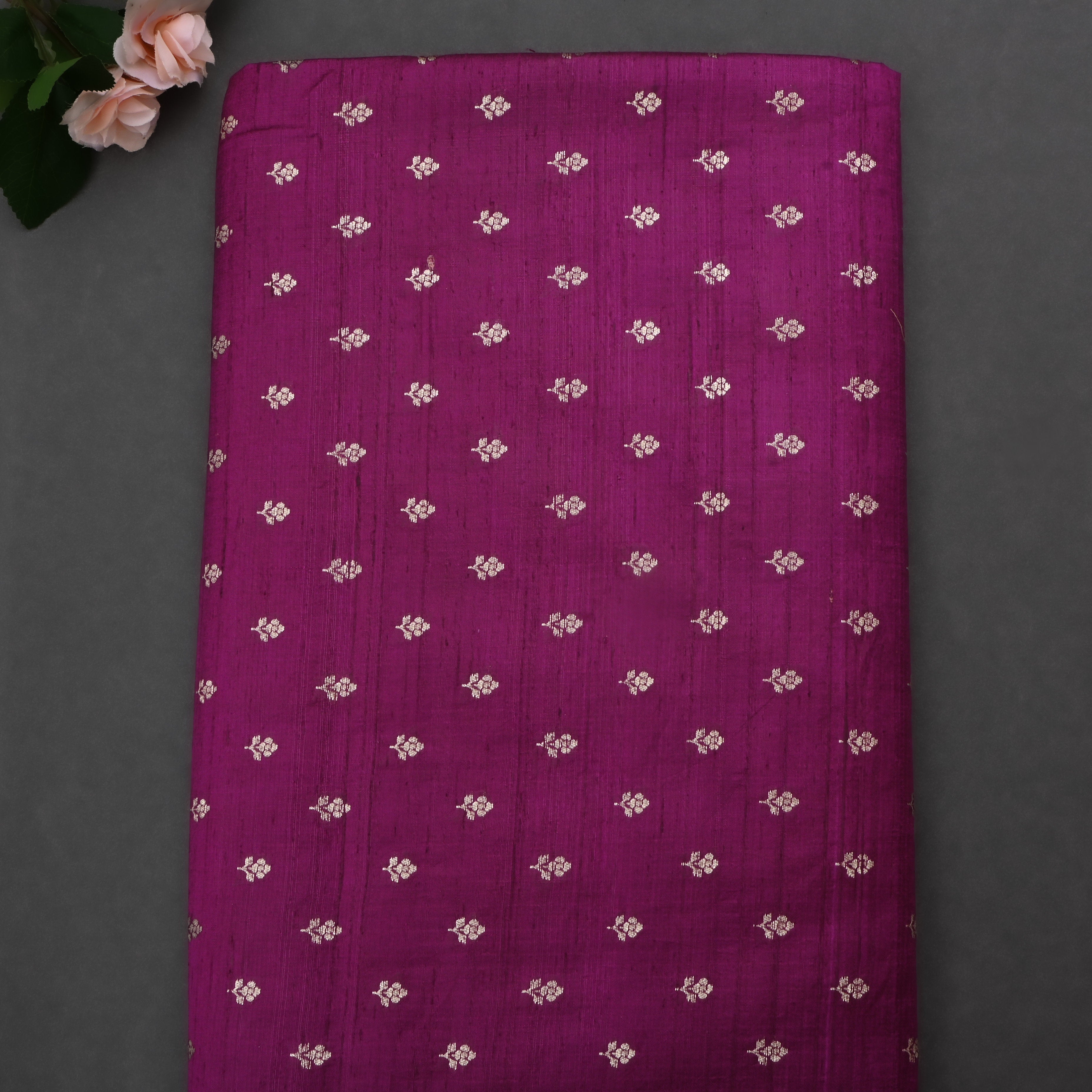 Pansy Purple Jamawar Dupion Fabric With Floral Butti'S