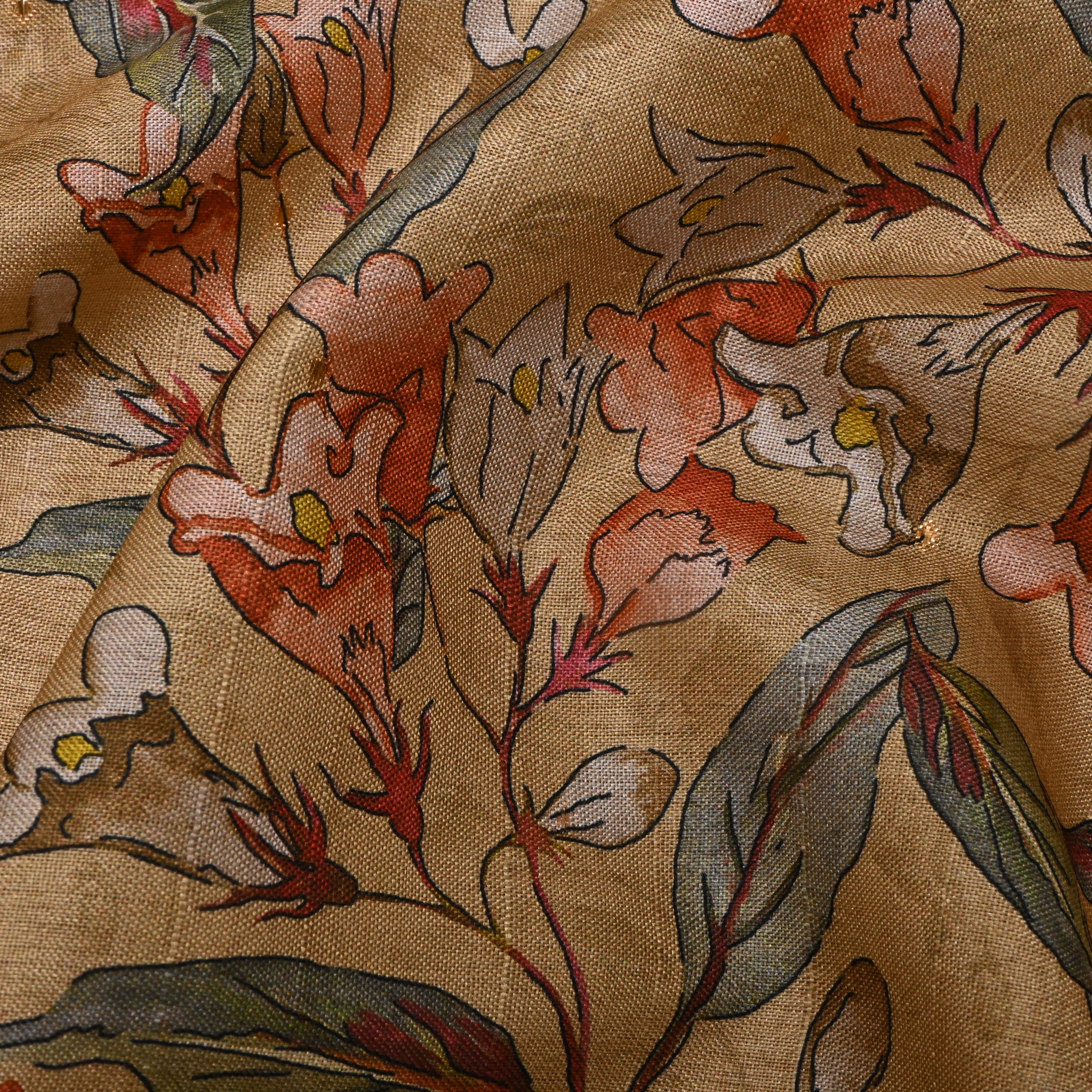 Light French Beige Tussar Fabric With Prints Patterns