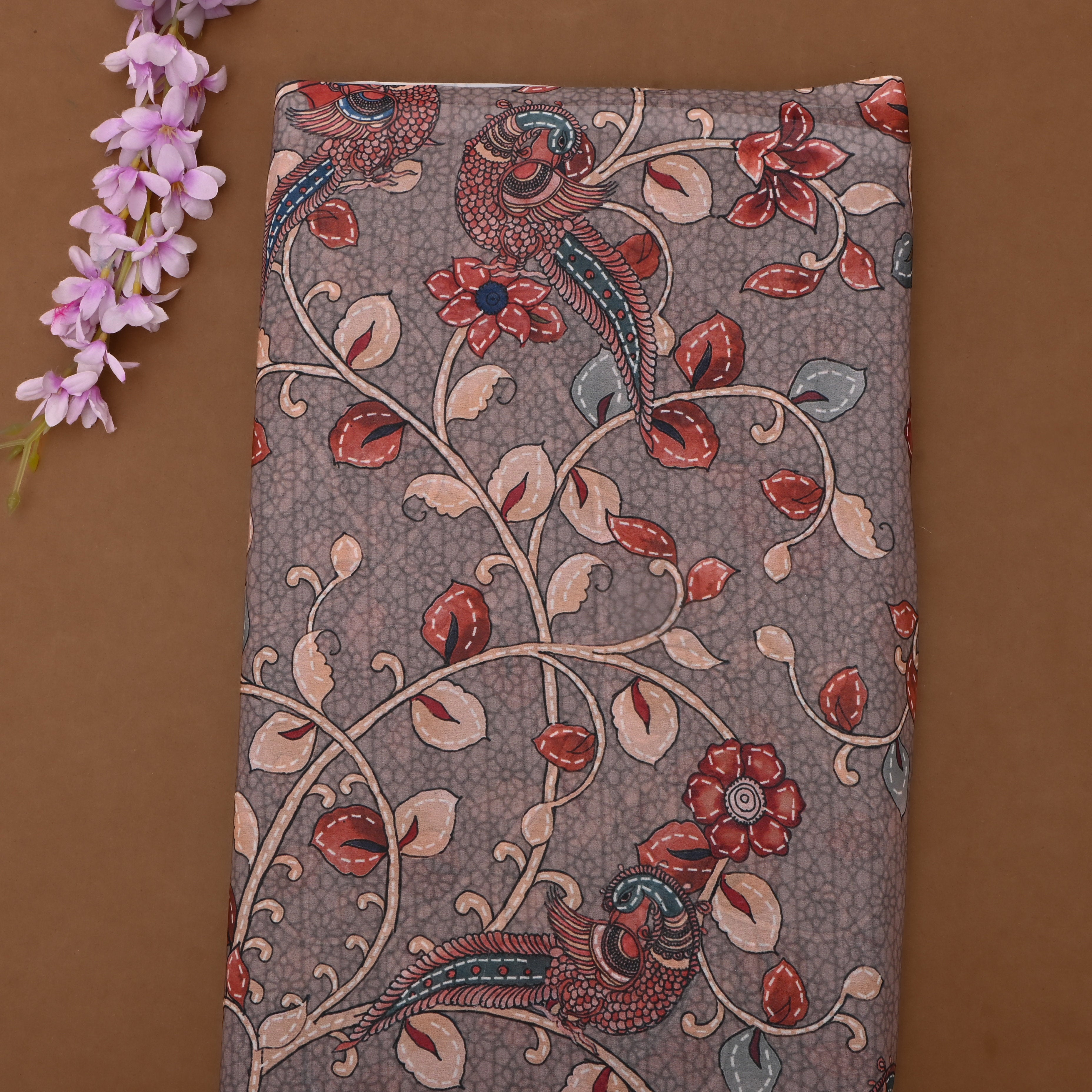 Rosy Brown Silk Fabric With Digital Prints