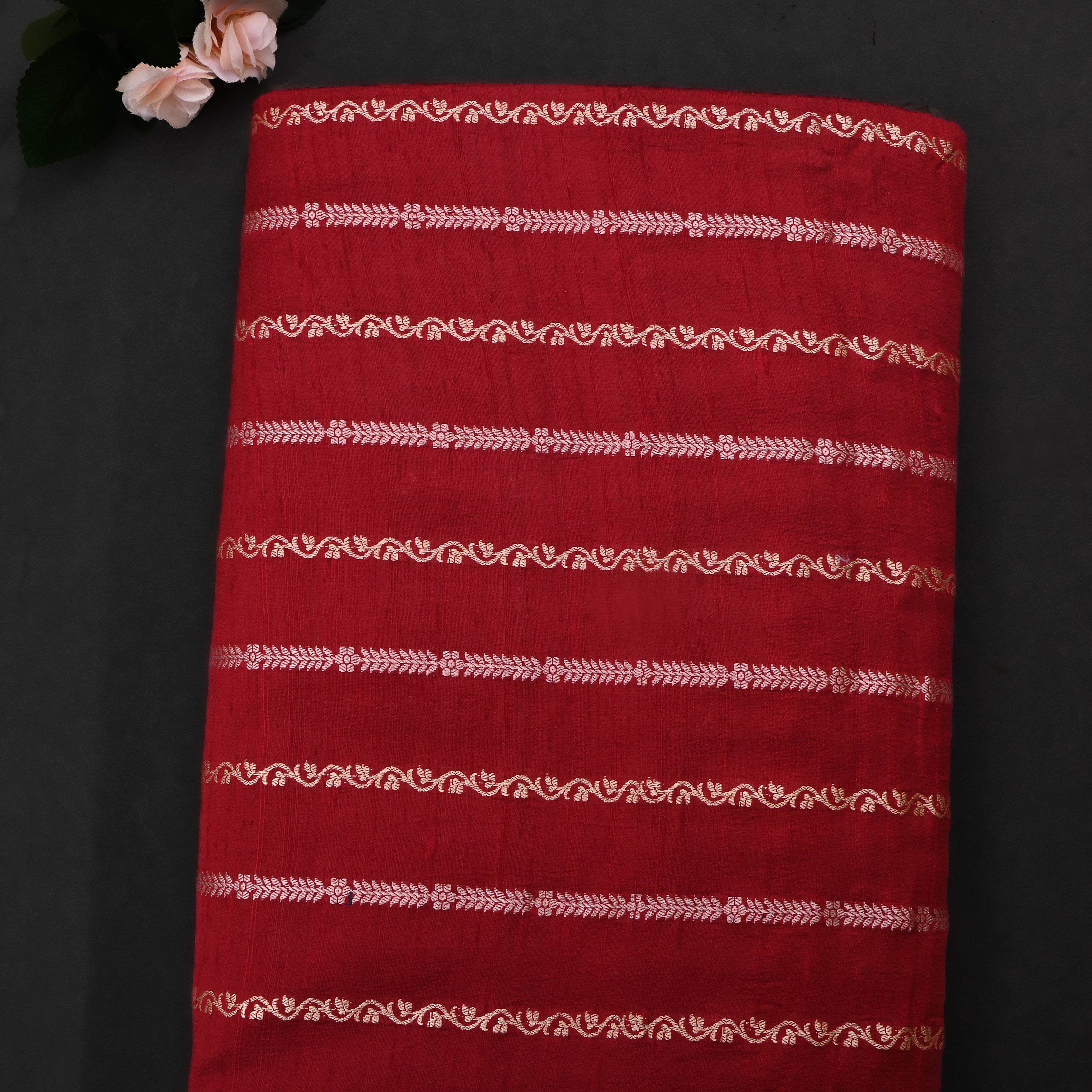 Rosewood Red Jamawar Dupion Fabric With Designer Stripes
