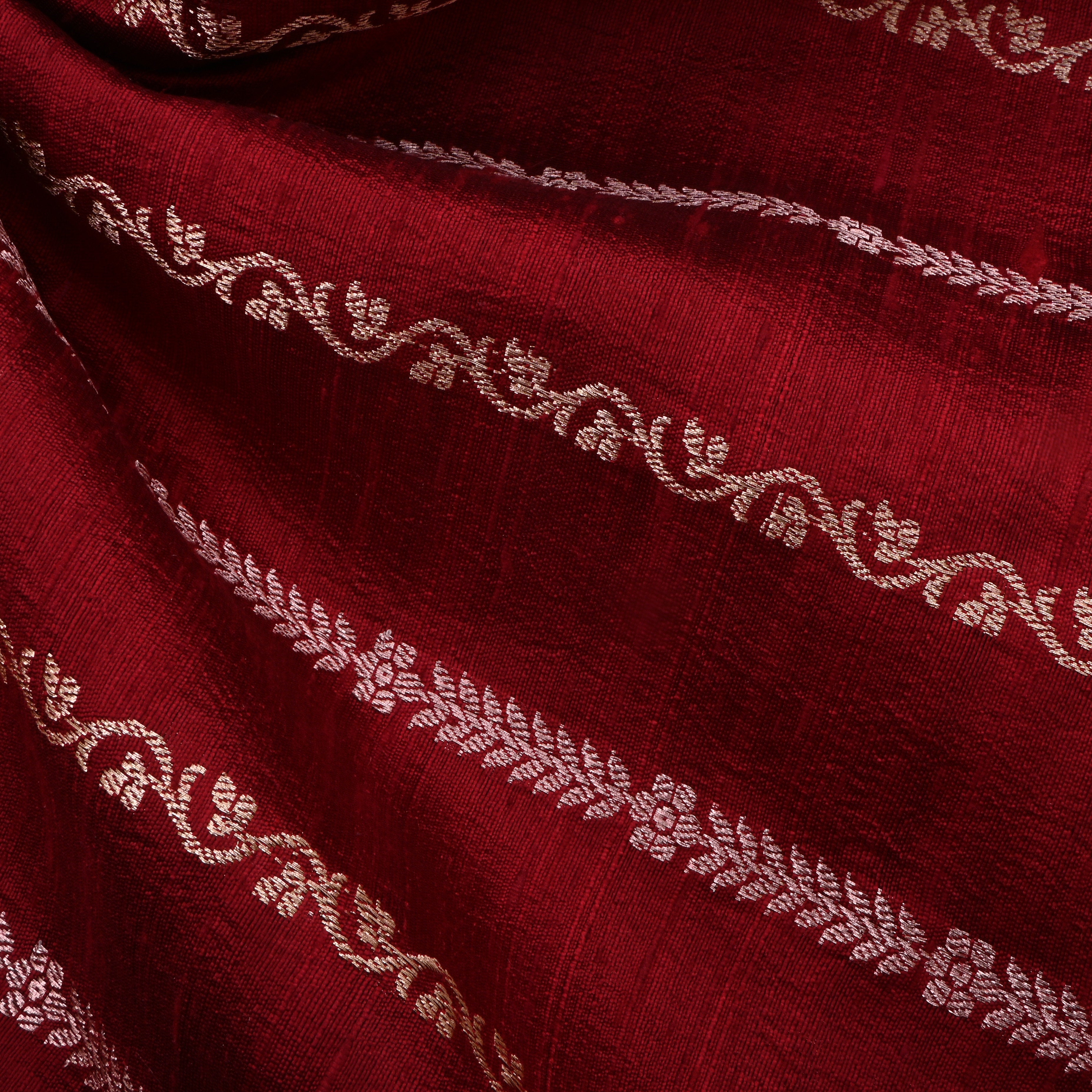 Rosewood Red Jamawar Dupion Fabric With Designer Stripes