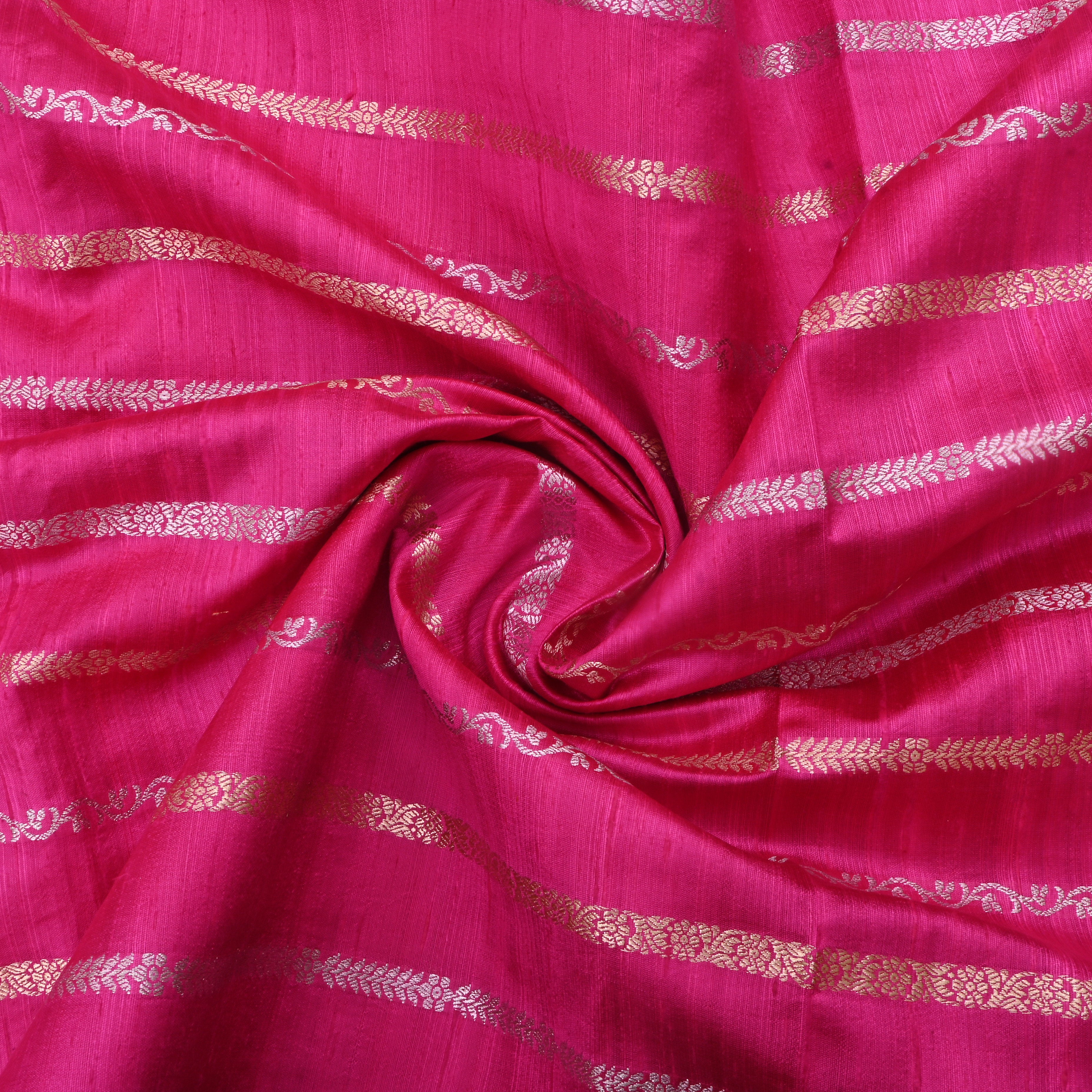 Cerise Pink Jamawar Dupion Fabric With Stripes