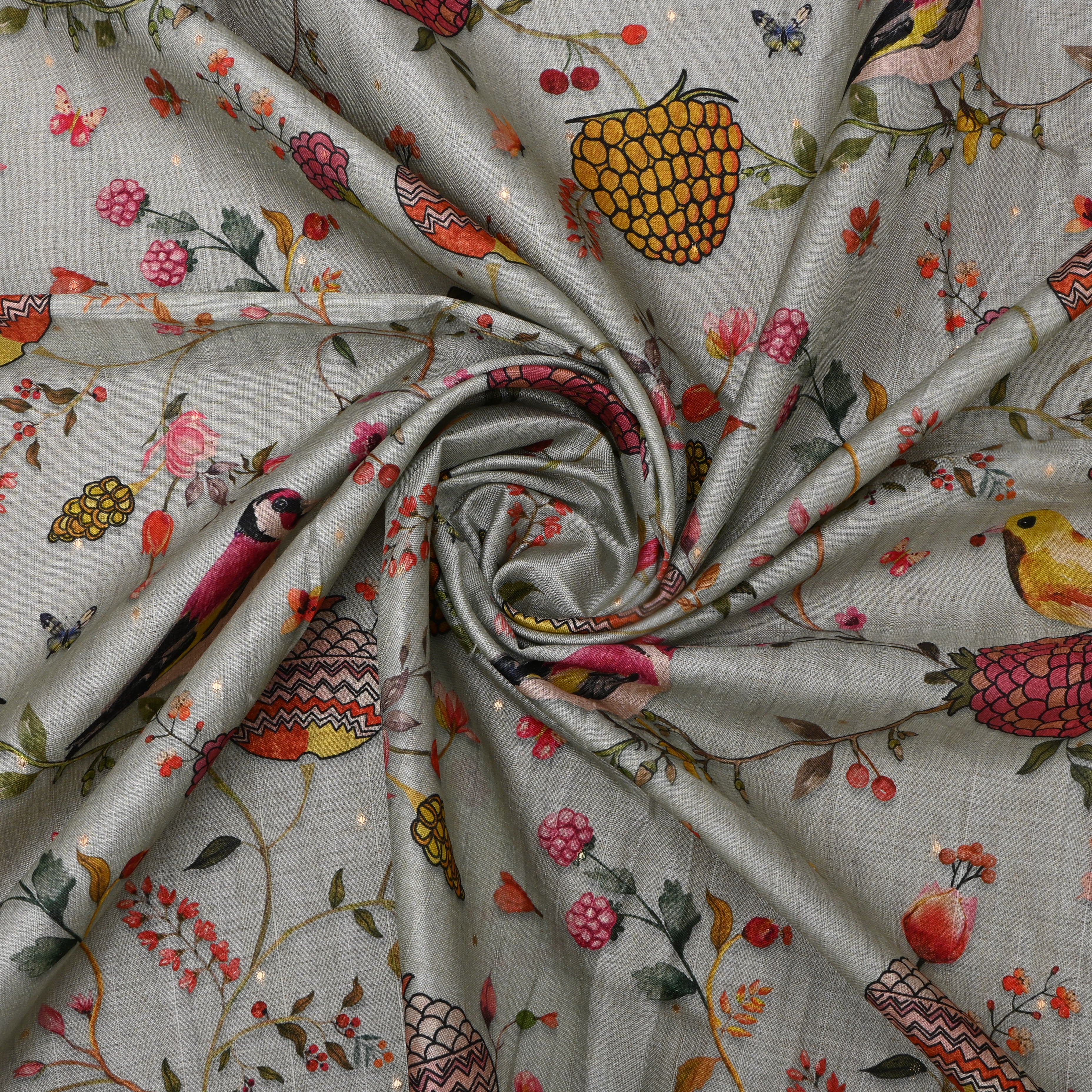 Light Grey Tussar Fabric With Digital Print Patterns