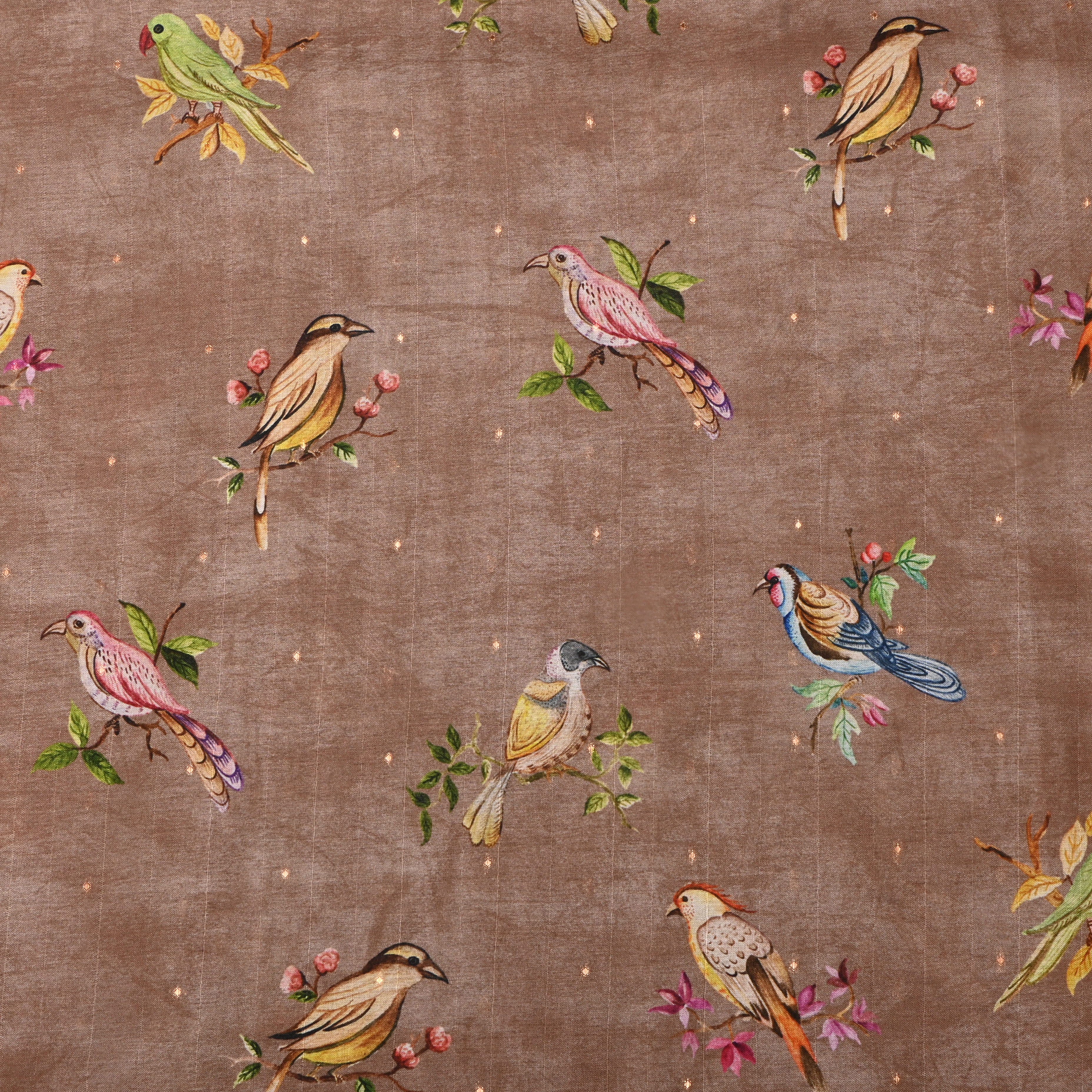 Brown Tussar Fabric With Avian Digital Prints