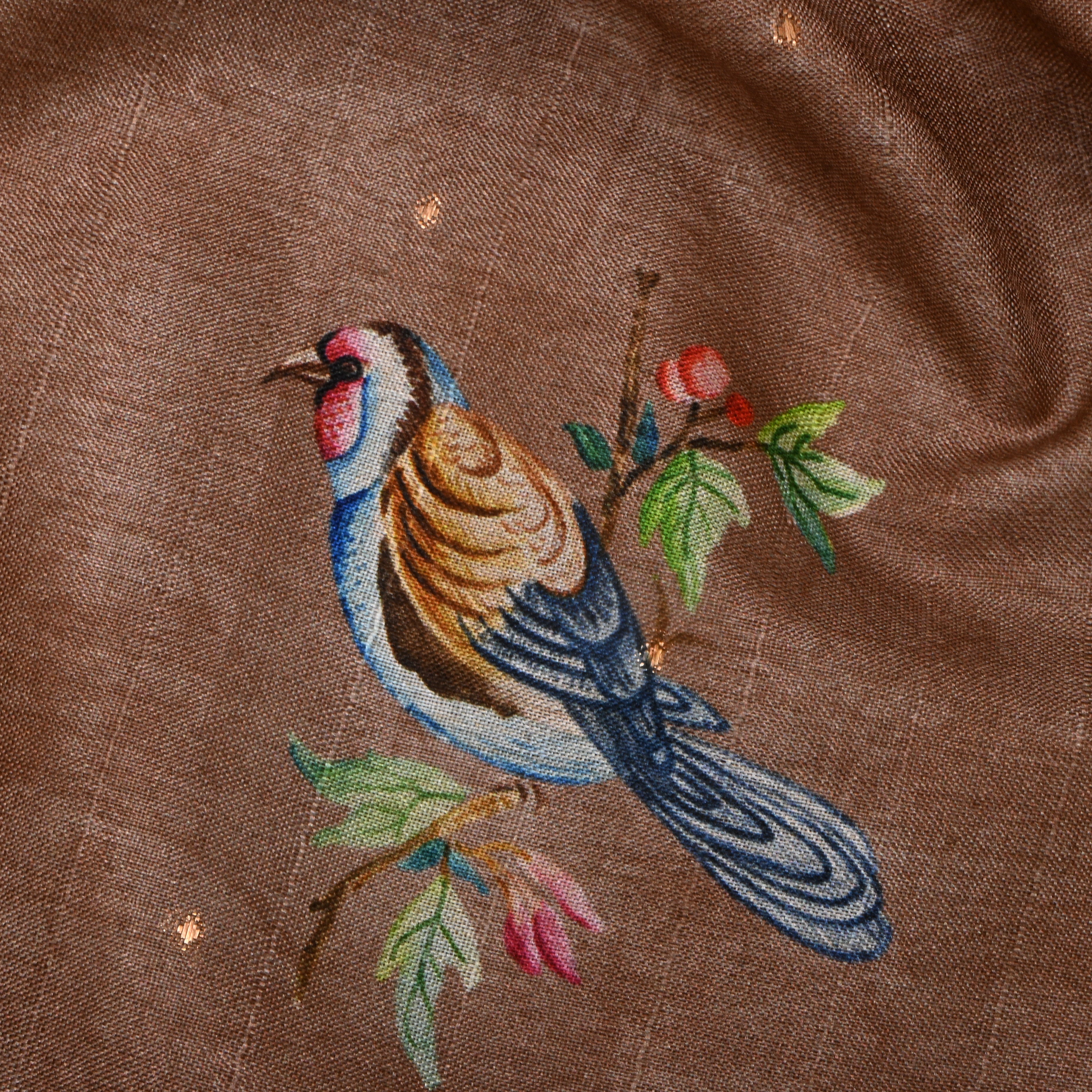 Brown Tussar Fabric With Avian Digital Prints