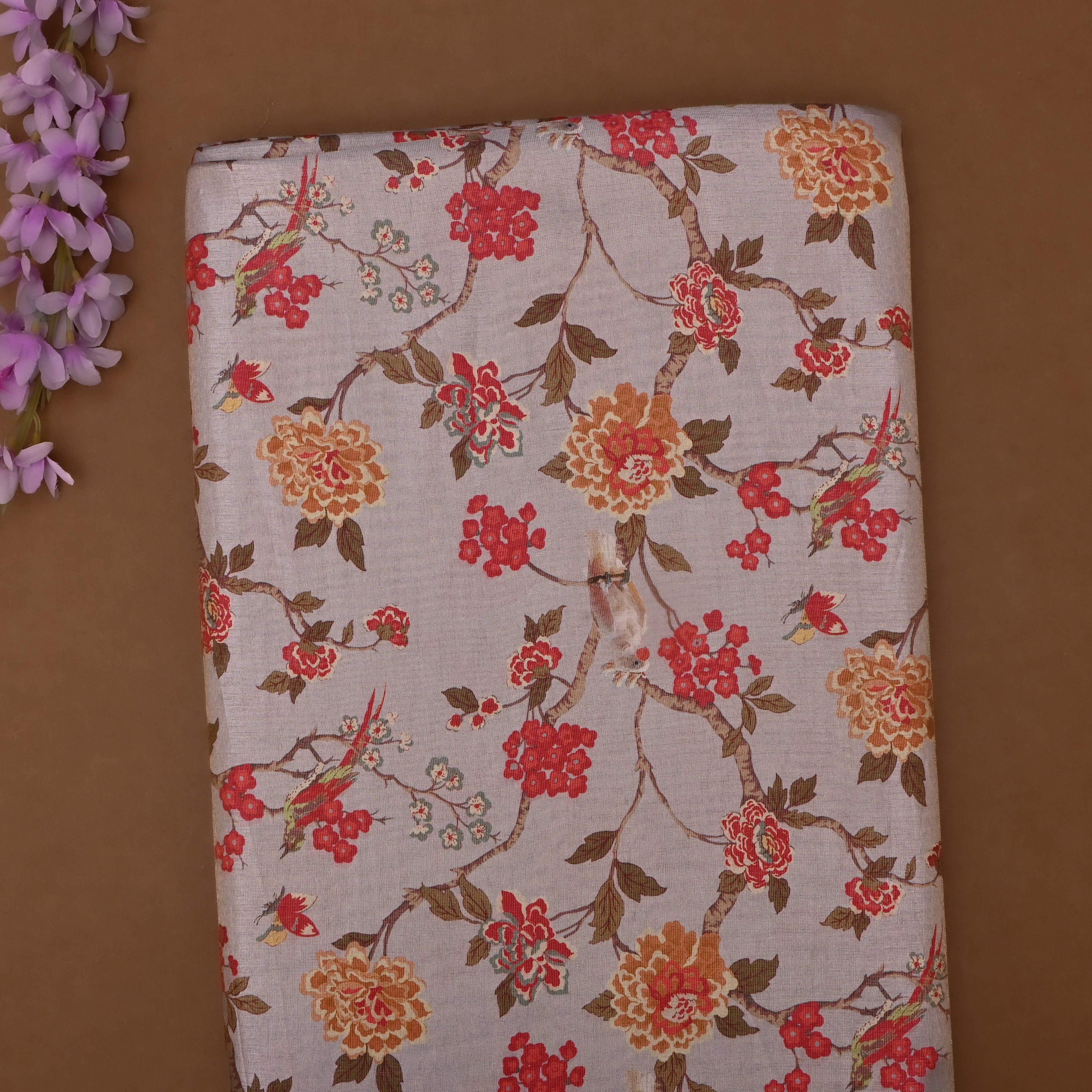 Grey Tissue Fabric With Floral Prints