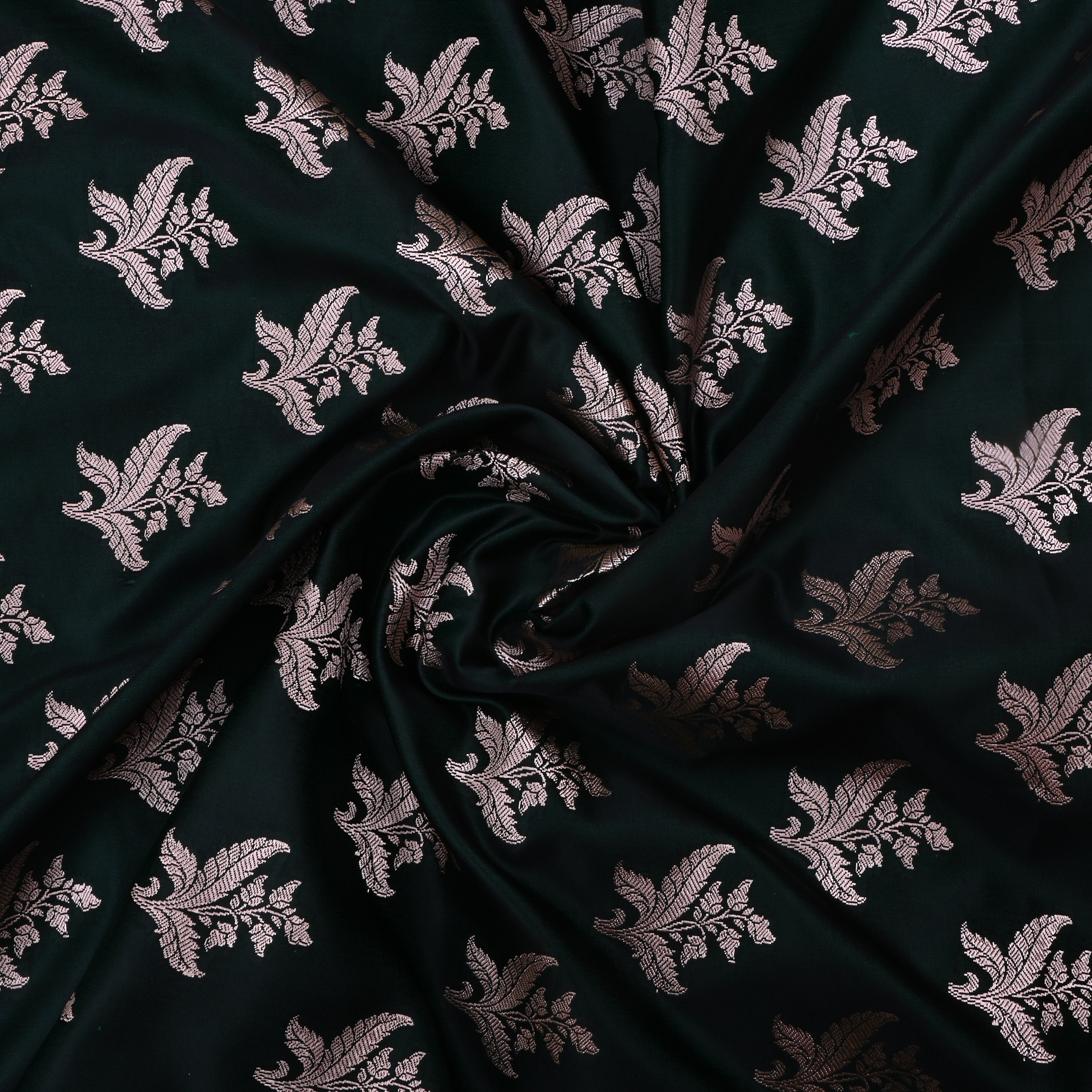 Black Jamawar Satin Fabric With Floral Butti'S