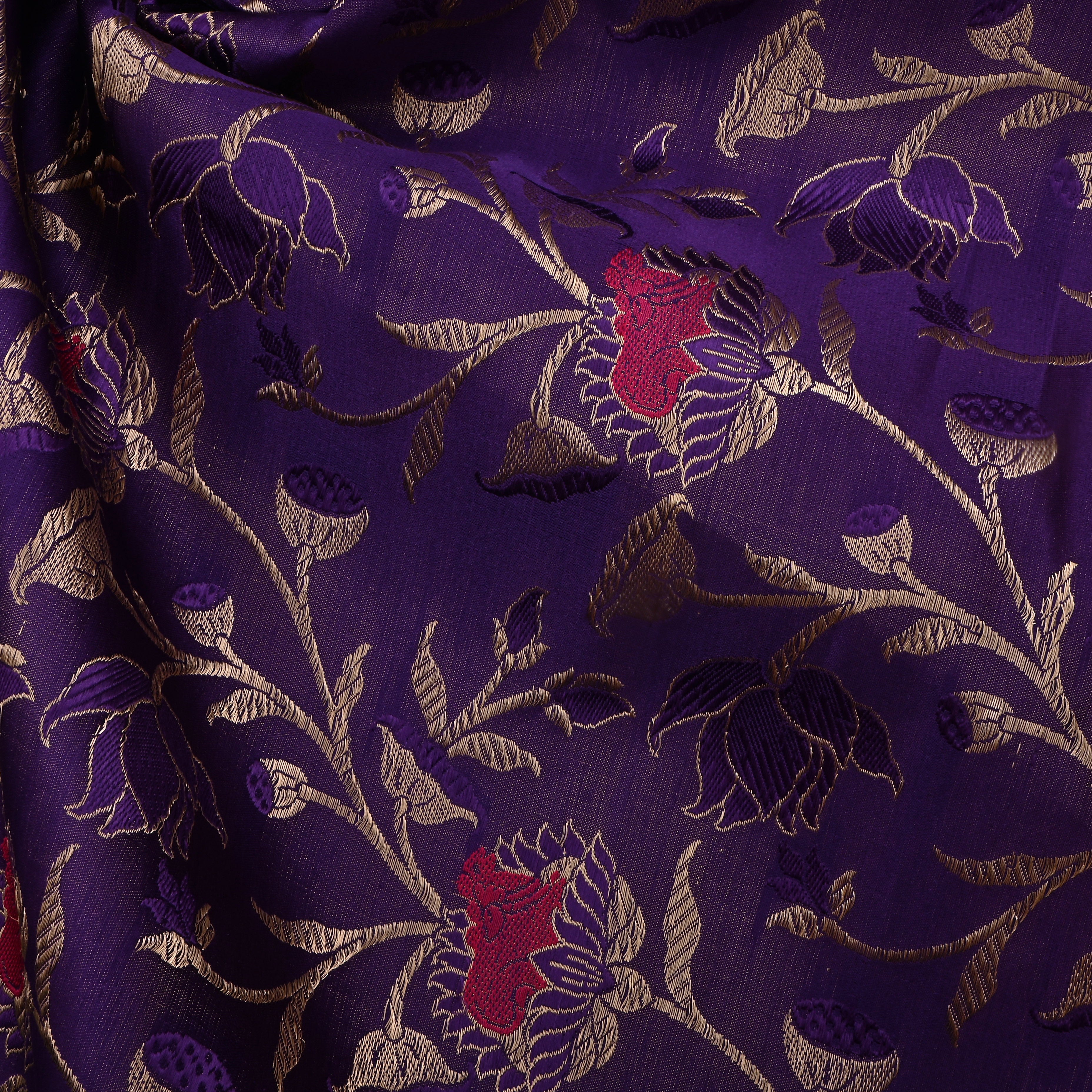 Honey Flower Violet Jamawar Satin Fabric With Floral Jaal