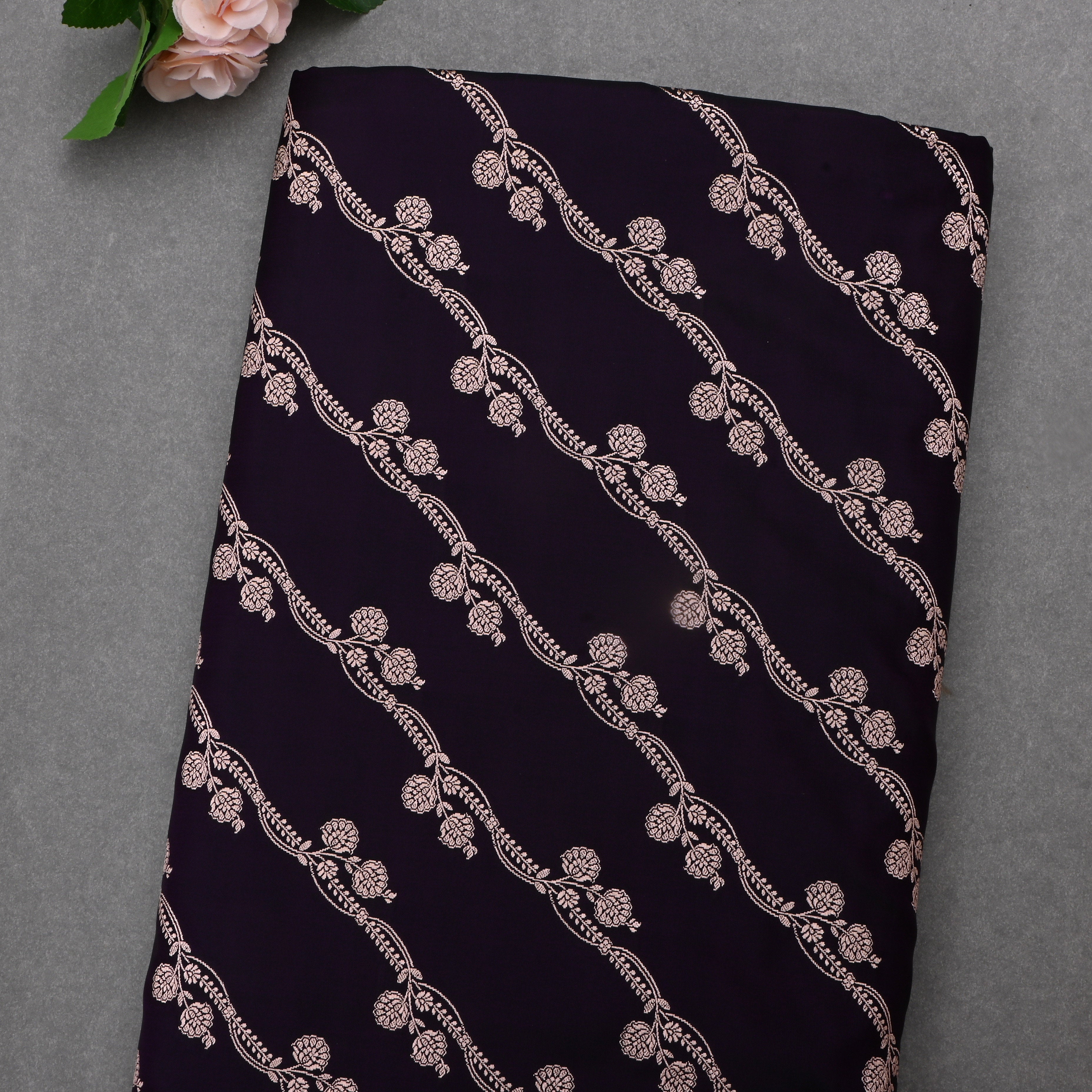 Black Jamawar Satin Fabric With Floral Stripes