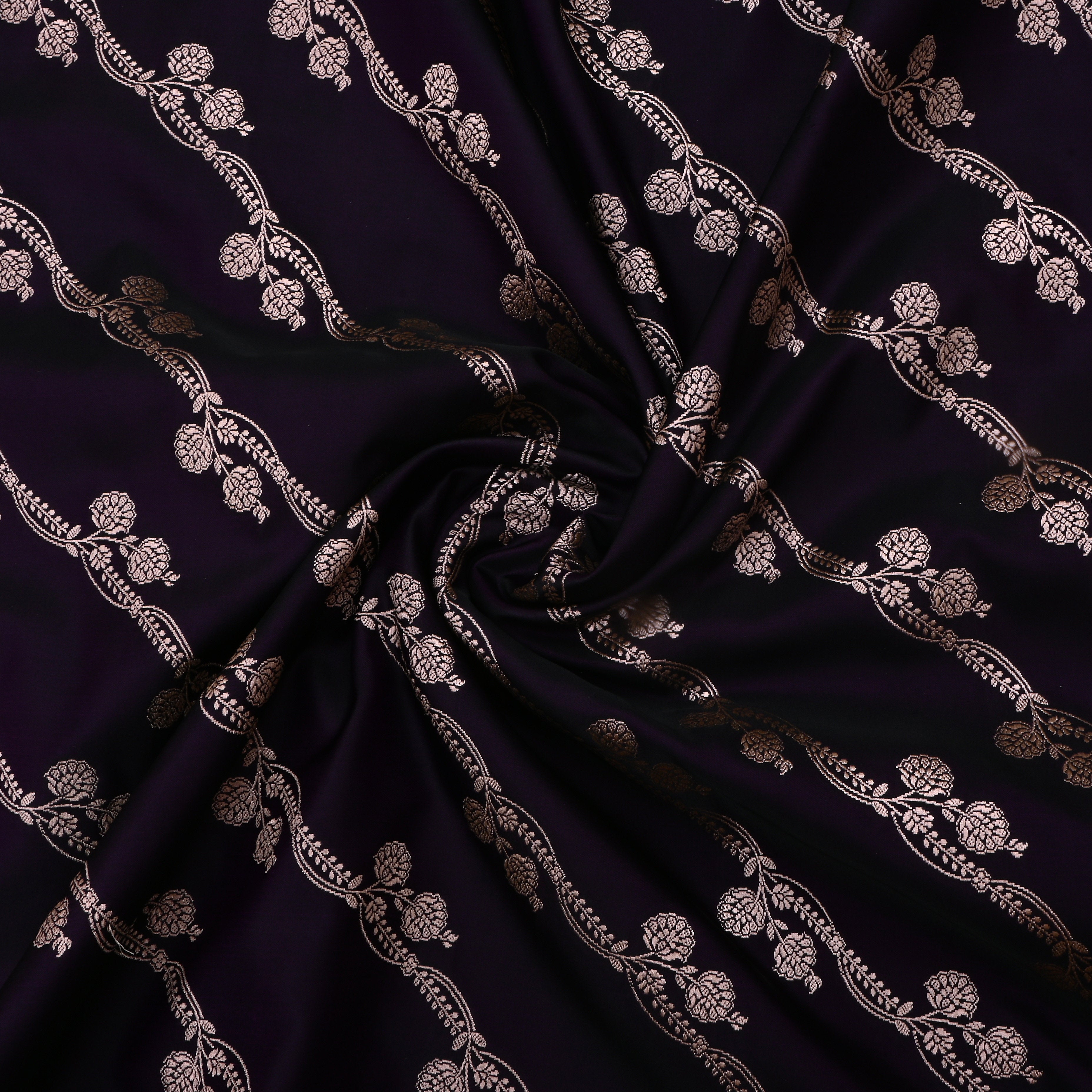 Black Jamawar Satin Fabric With Floral Stripes