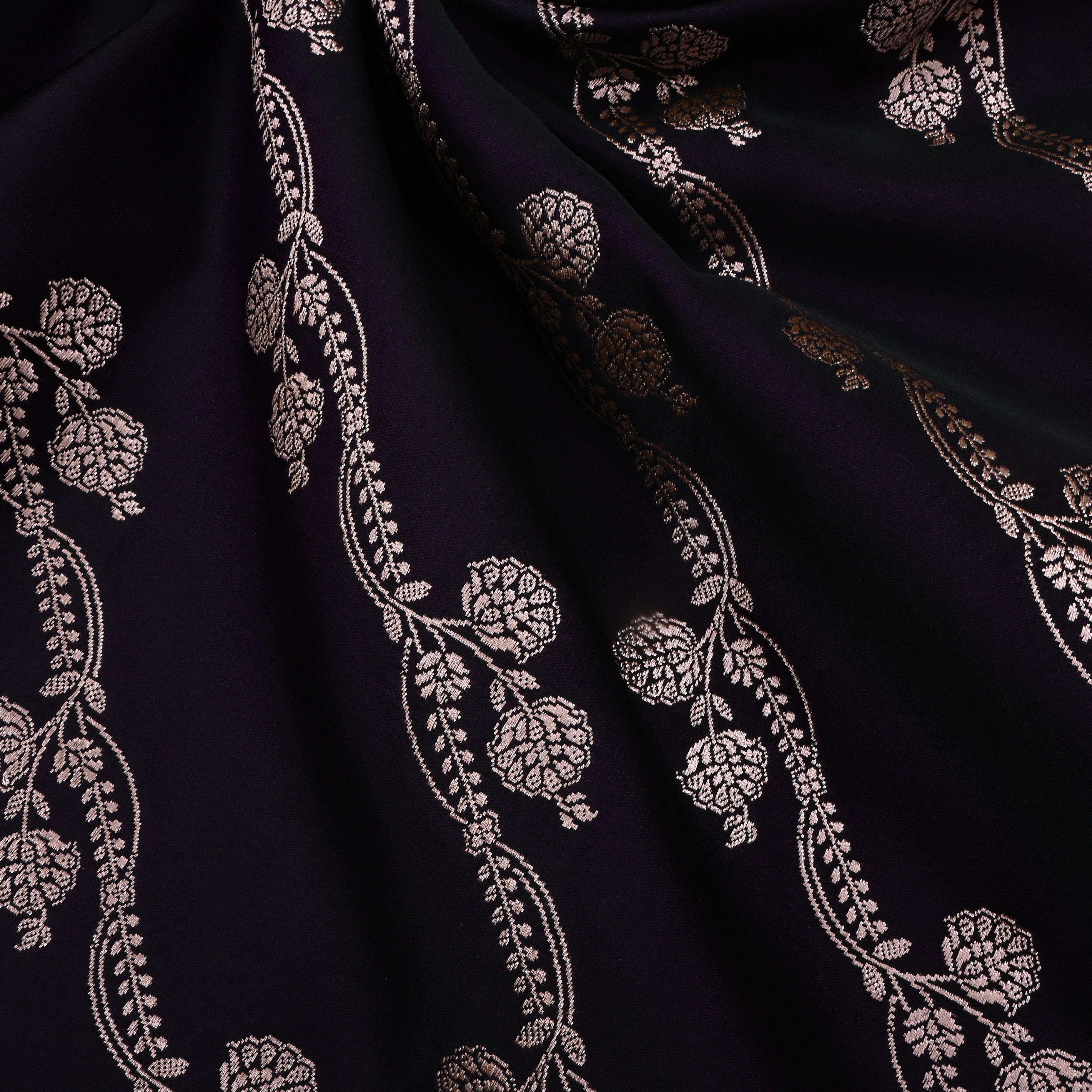 Black Jamawar Satin Fabric With Floral Stripes