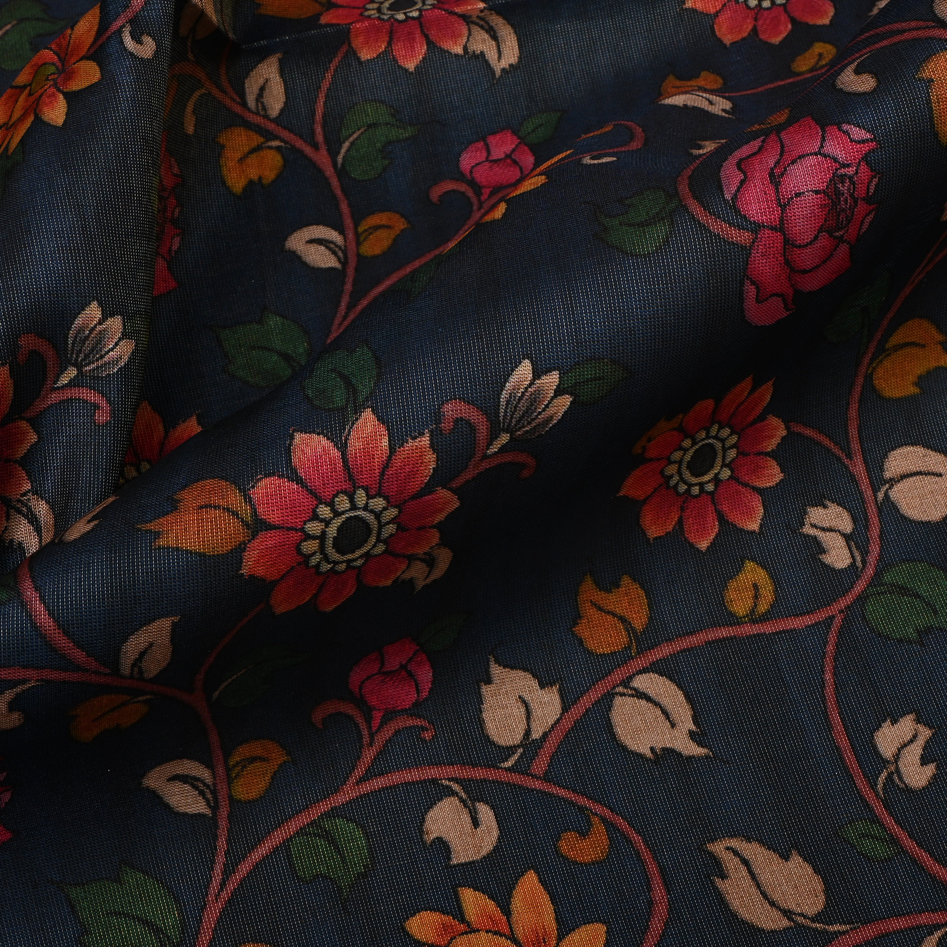 Dark Navy Blue Tissue Fabric With Floral Prints