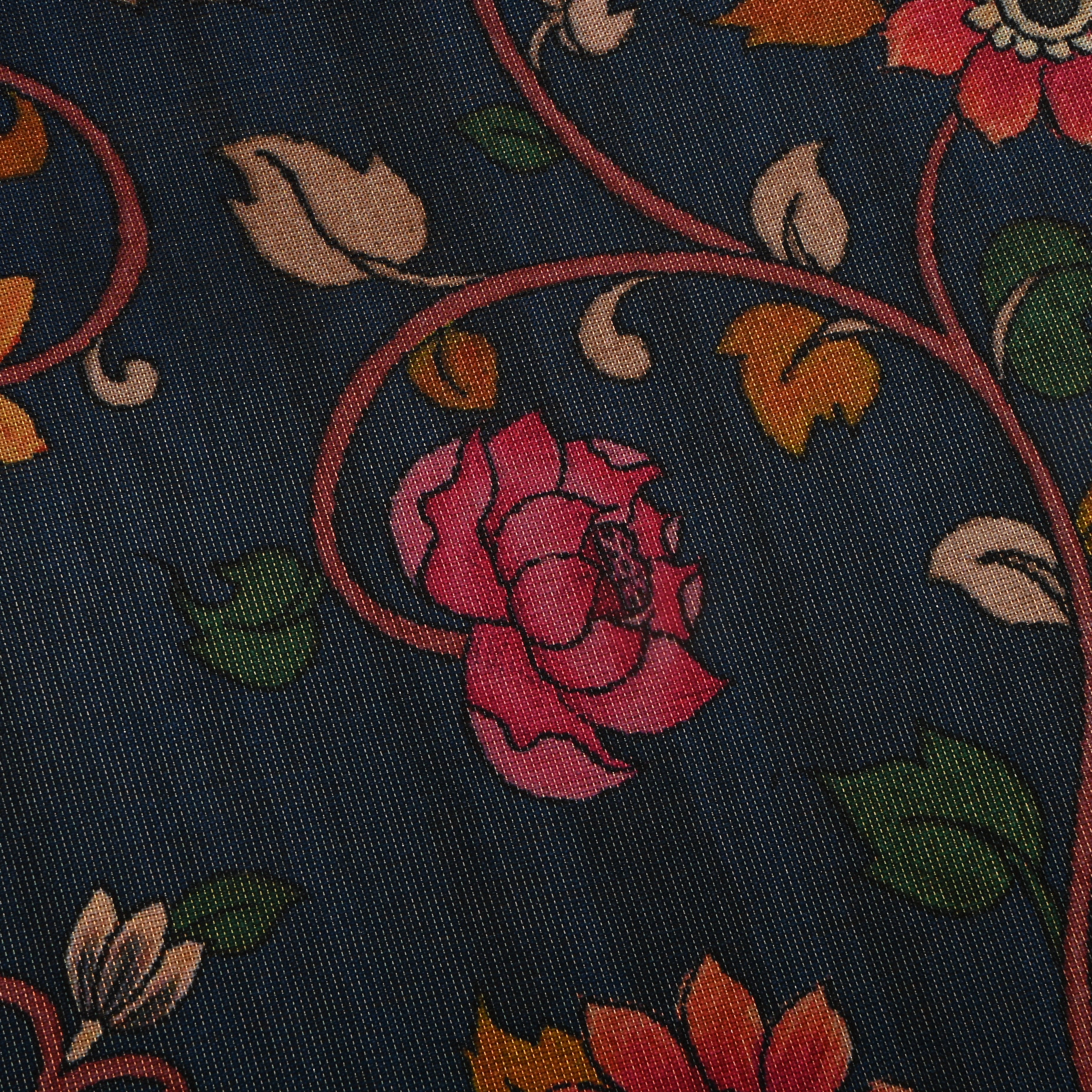 Dark Navy Blue Tissue Fabric With Floral Prints