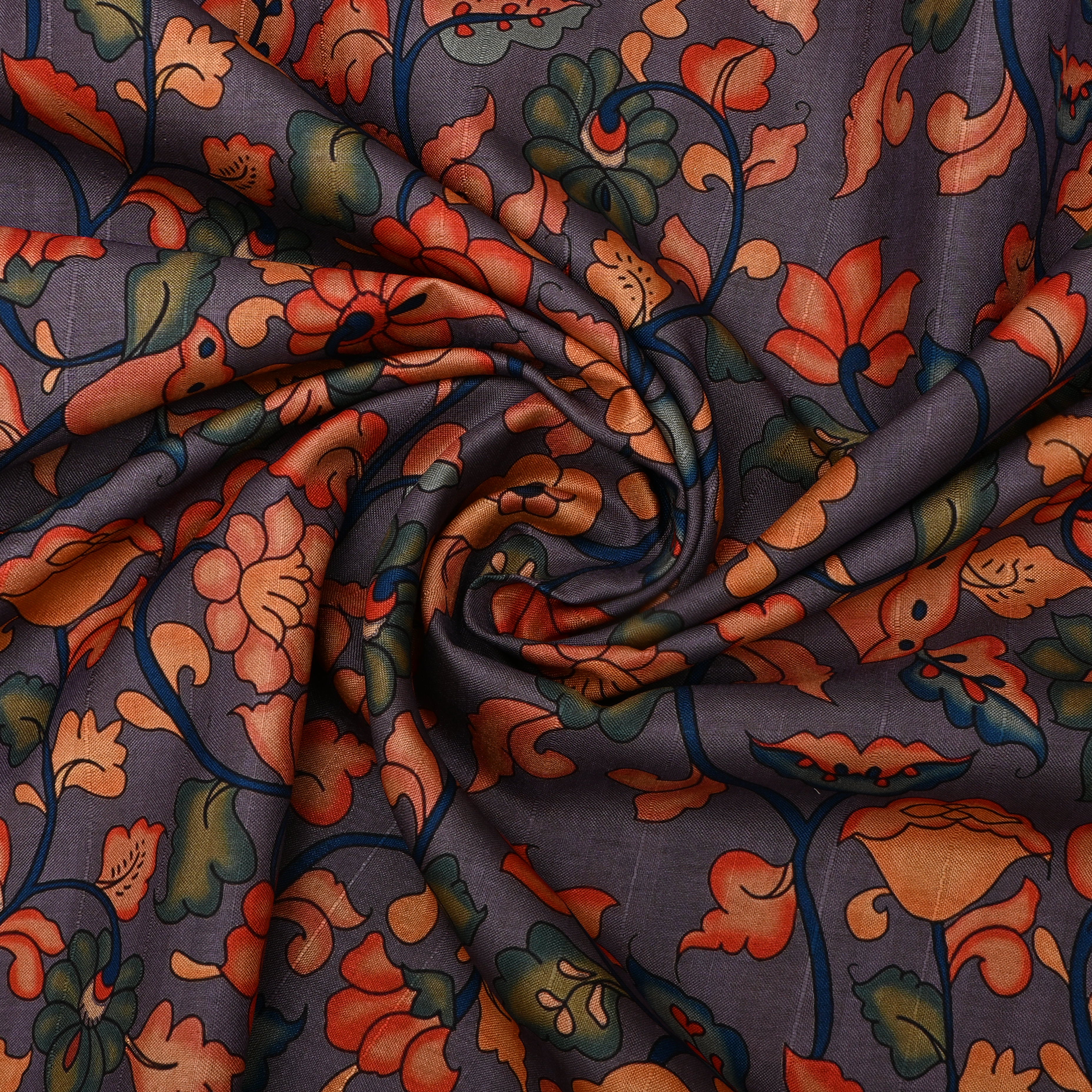 Iris Blue Floral Printed Tussar Fabric