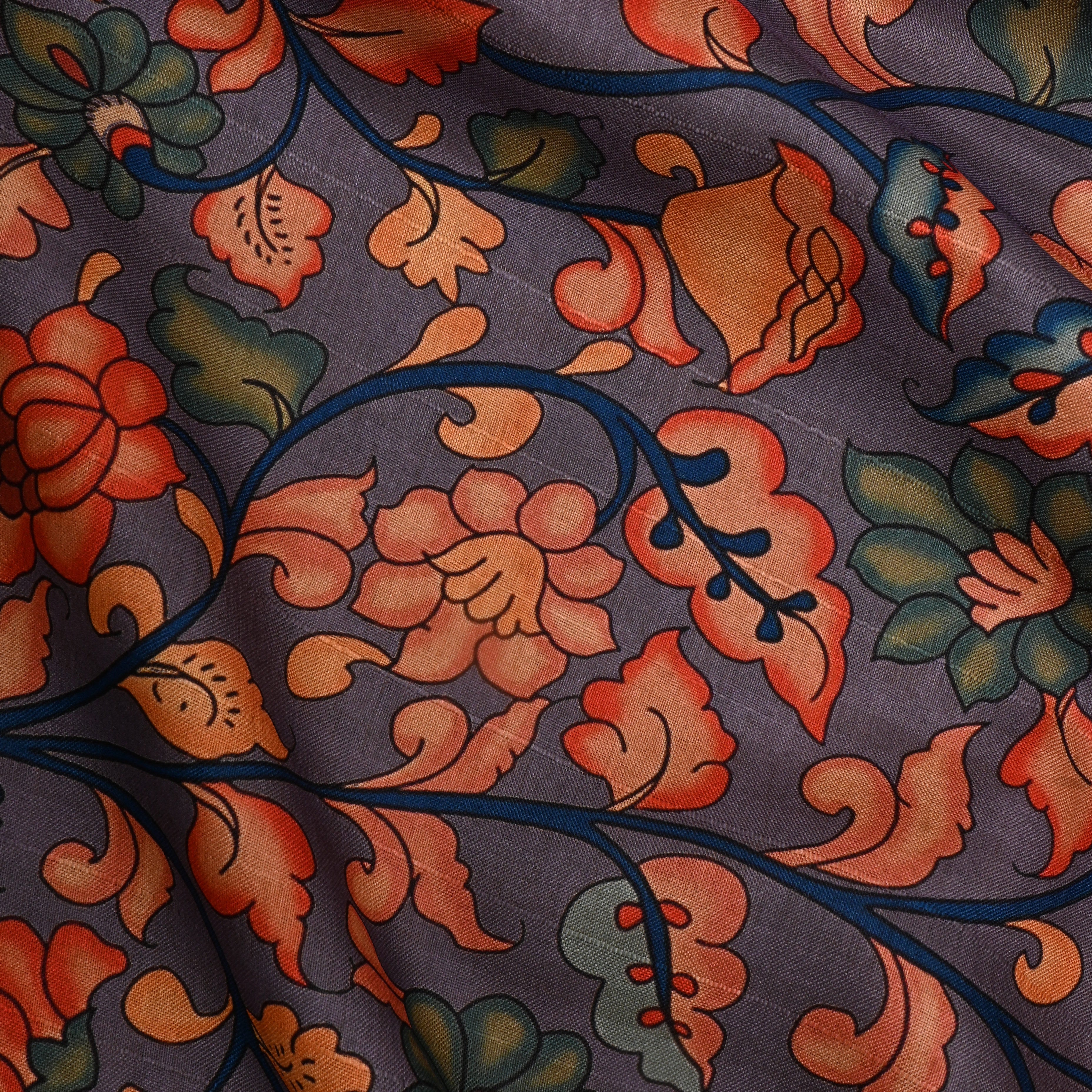 Iris Blue Floral Printed Tussar Fabric