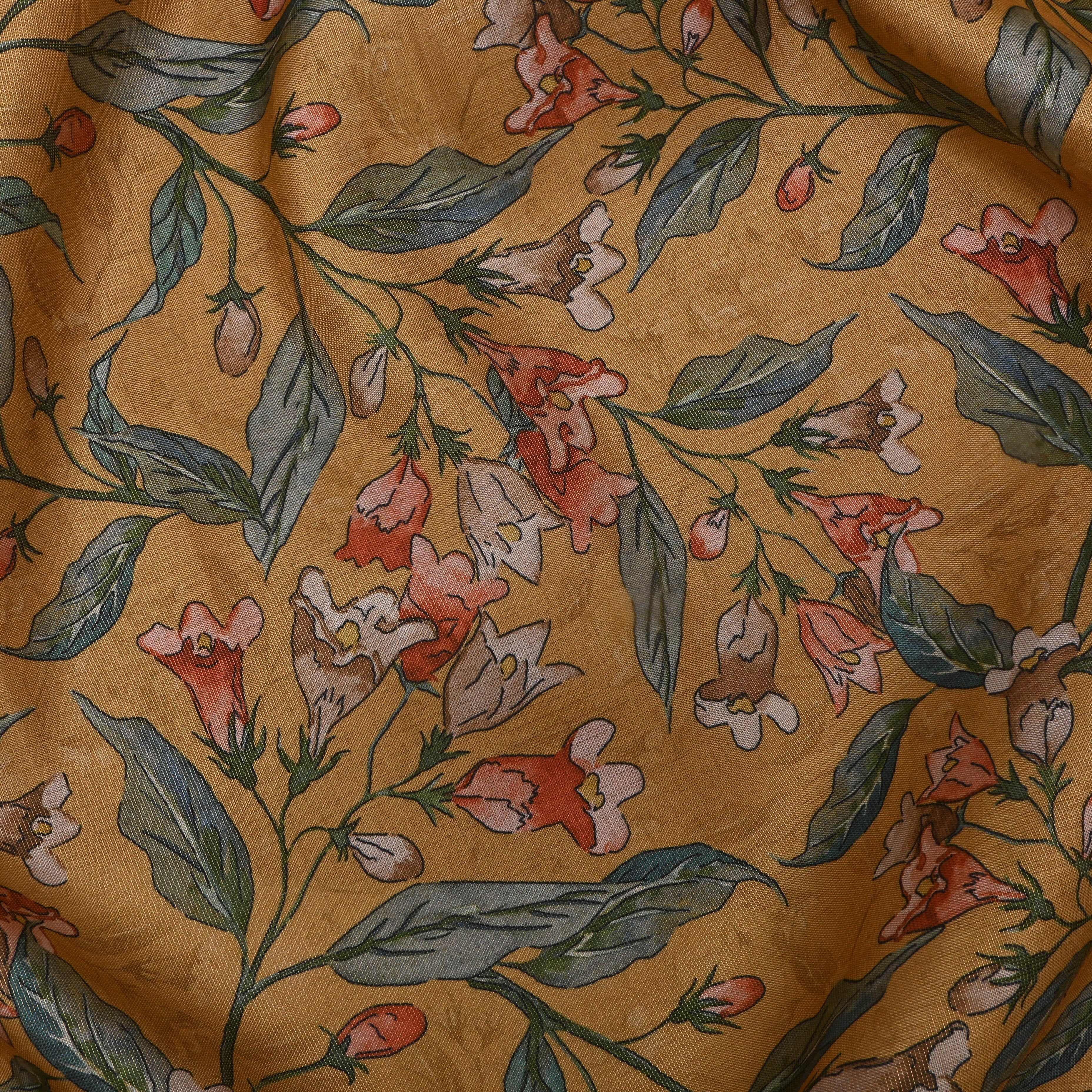 Flaxen Yellow Tissue Fabric With Floral Prints
