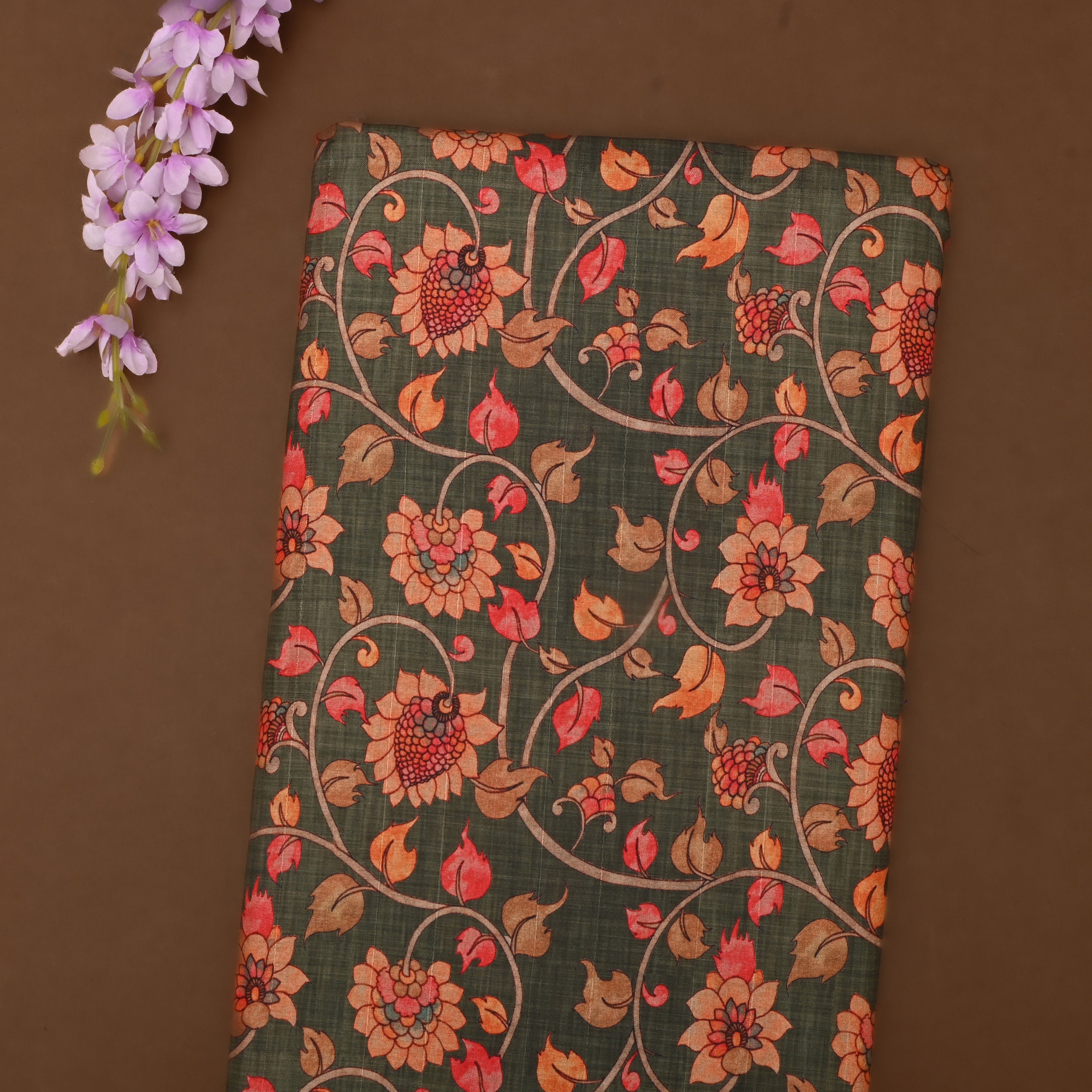 Dark Green Floral Printed Tussar Fabric - 2.6 mtr