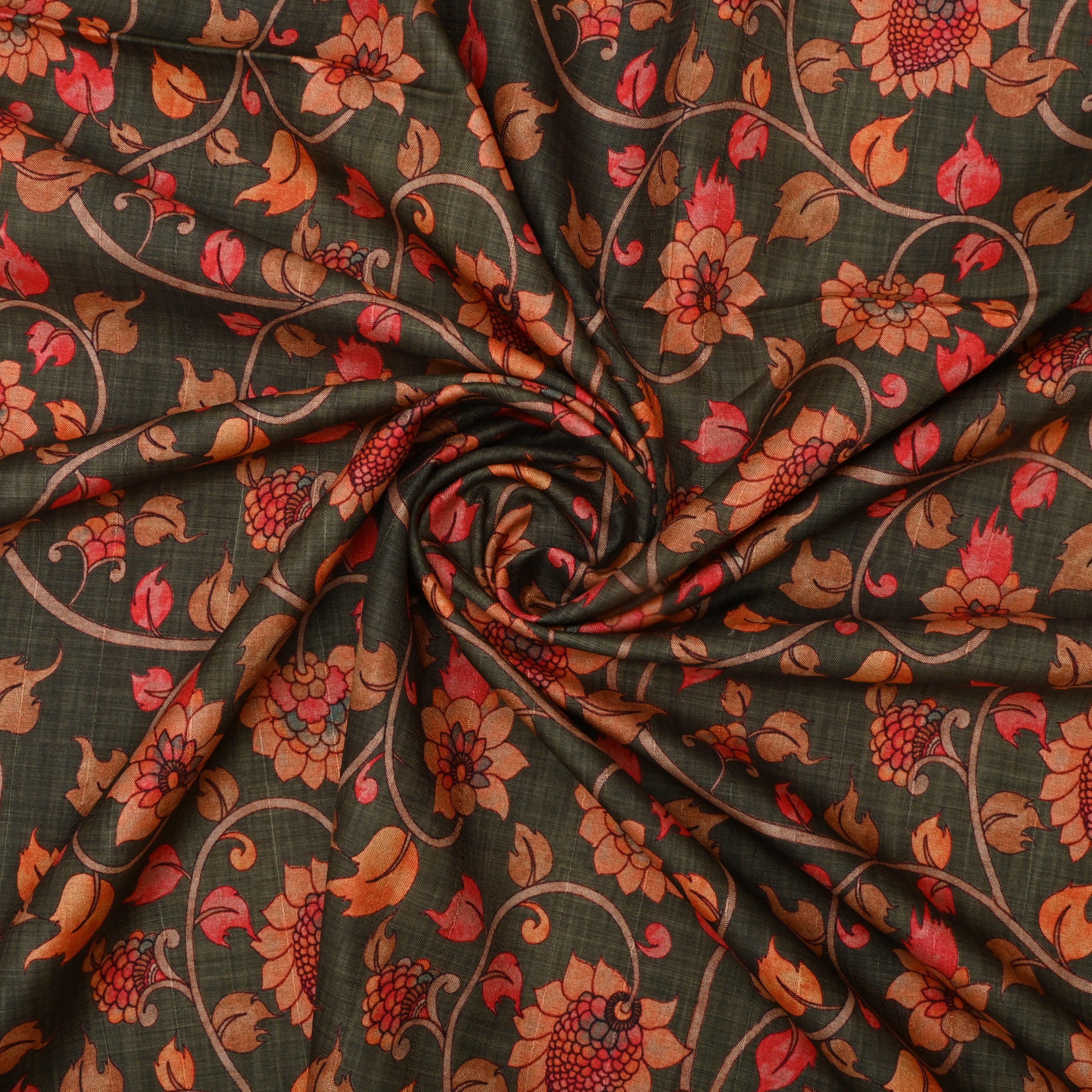 Dark Green Floral Printed Tussar Fabric - 2.6 mtr
