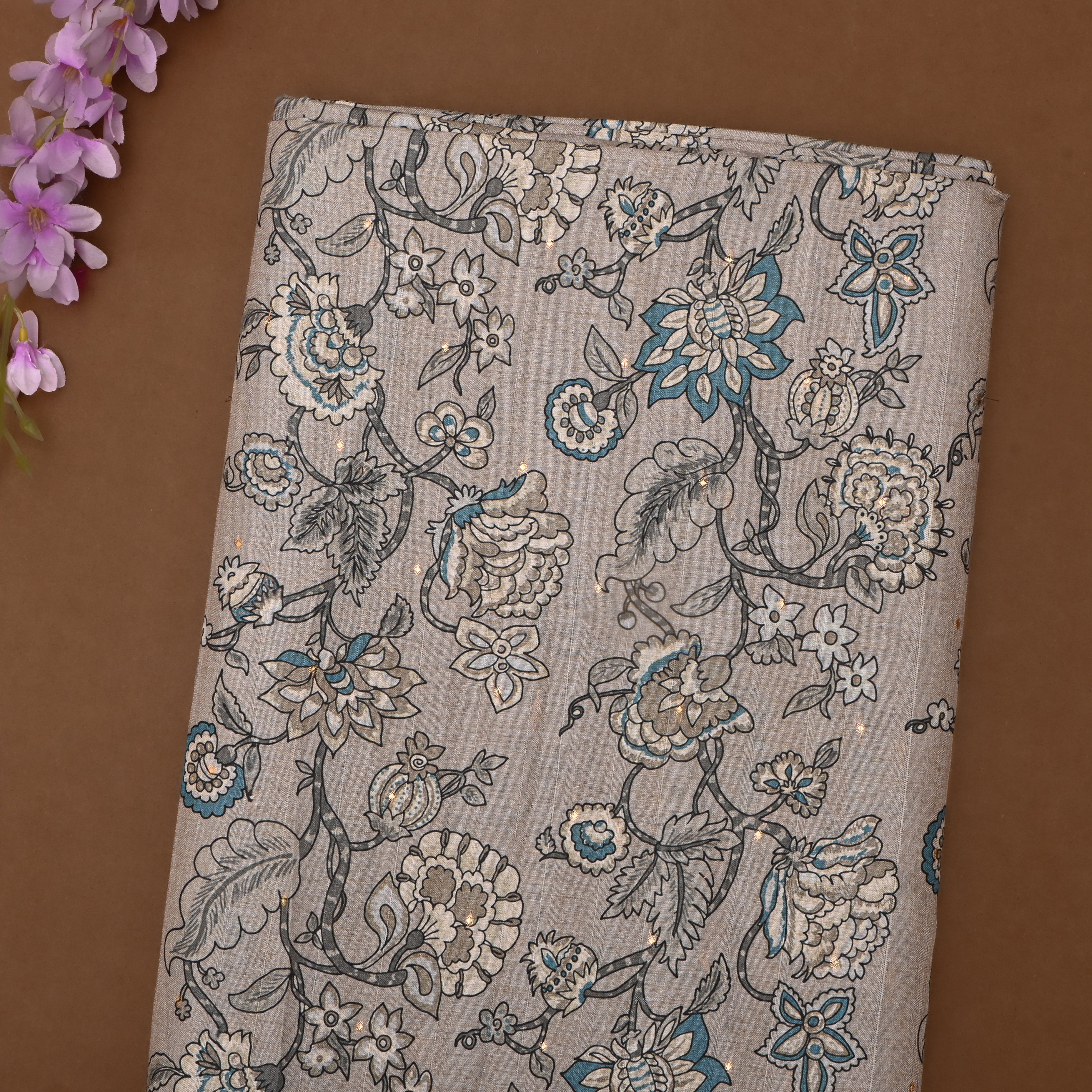 Warm Grey Tussar Fabric With Digital Prints