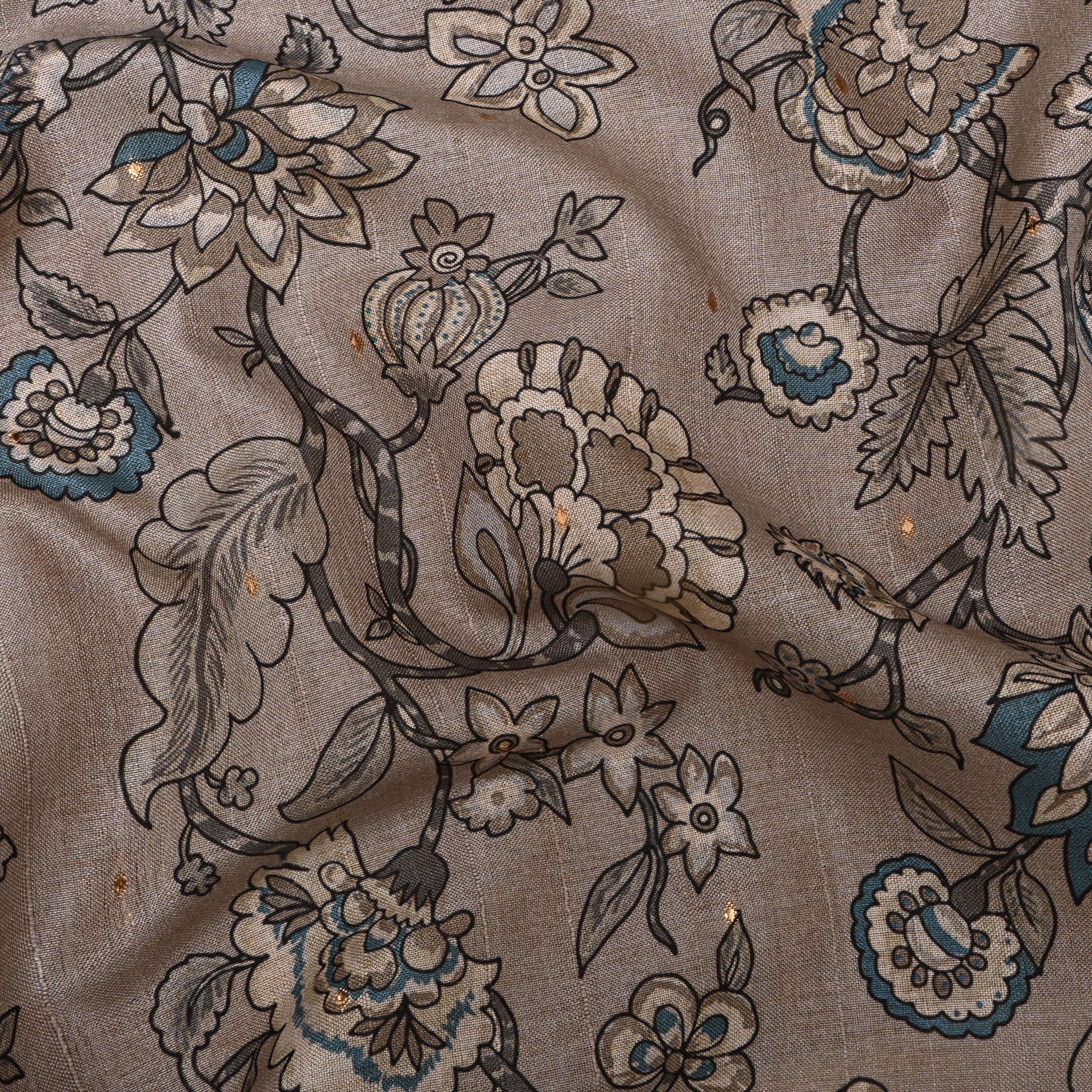 Warm Grey Tussar Fabric With Digital Prints