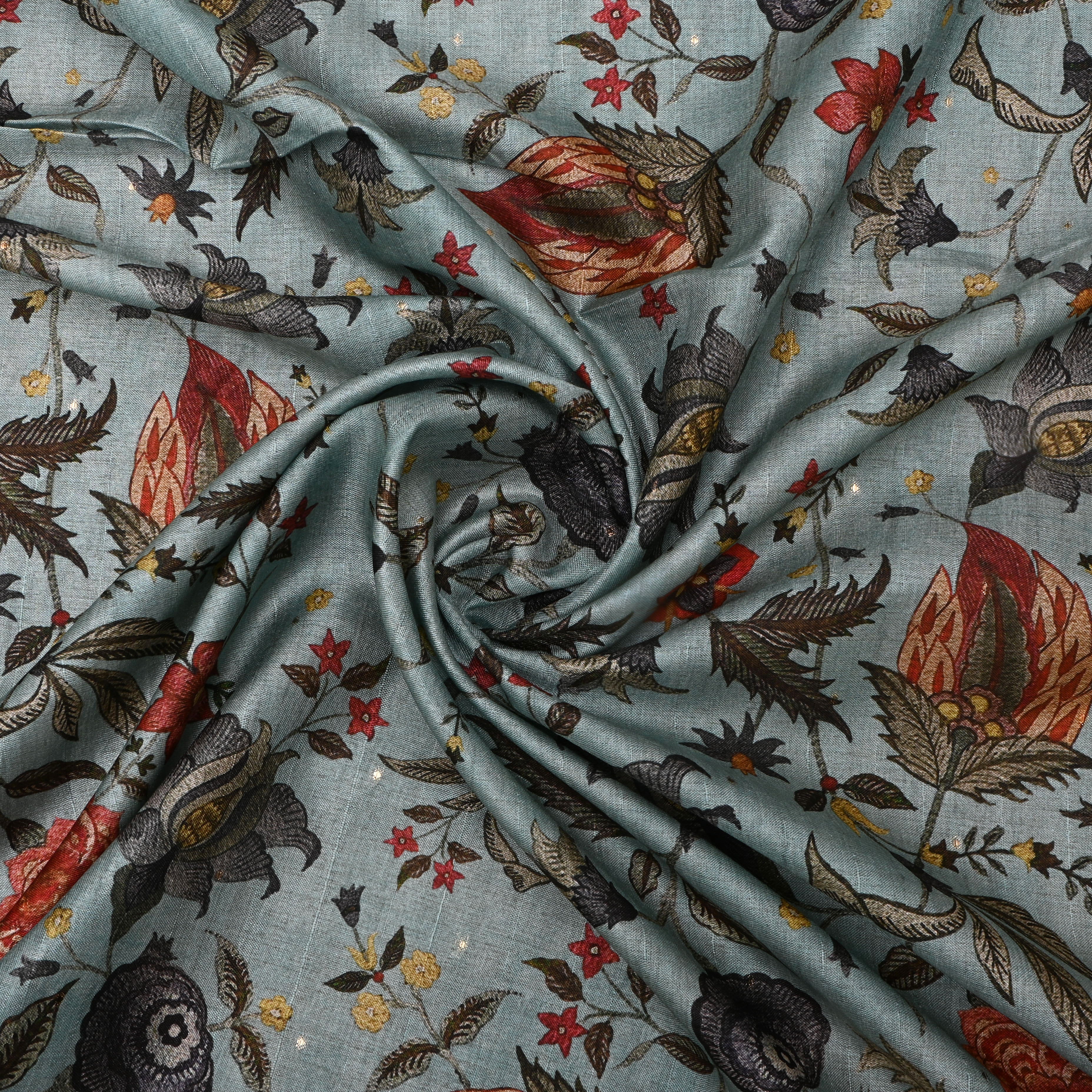 Mint Blue Tussar Fabric With Digital Prints