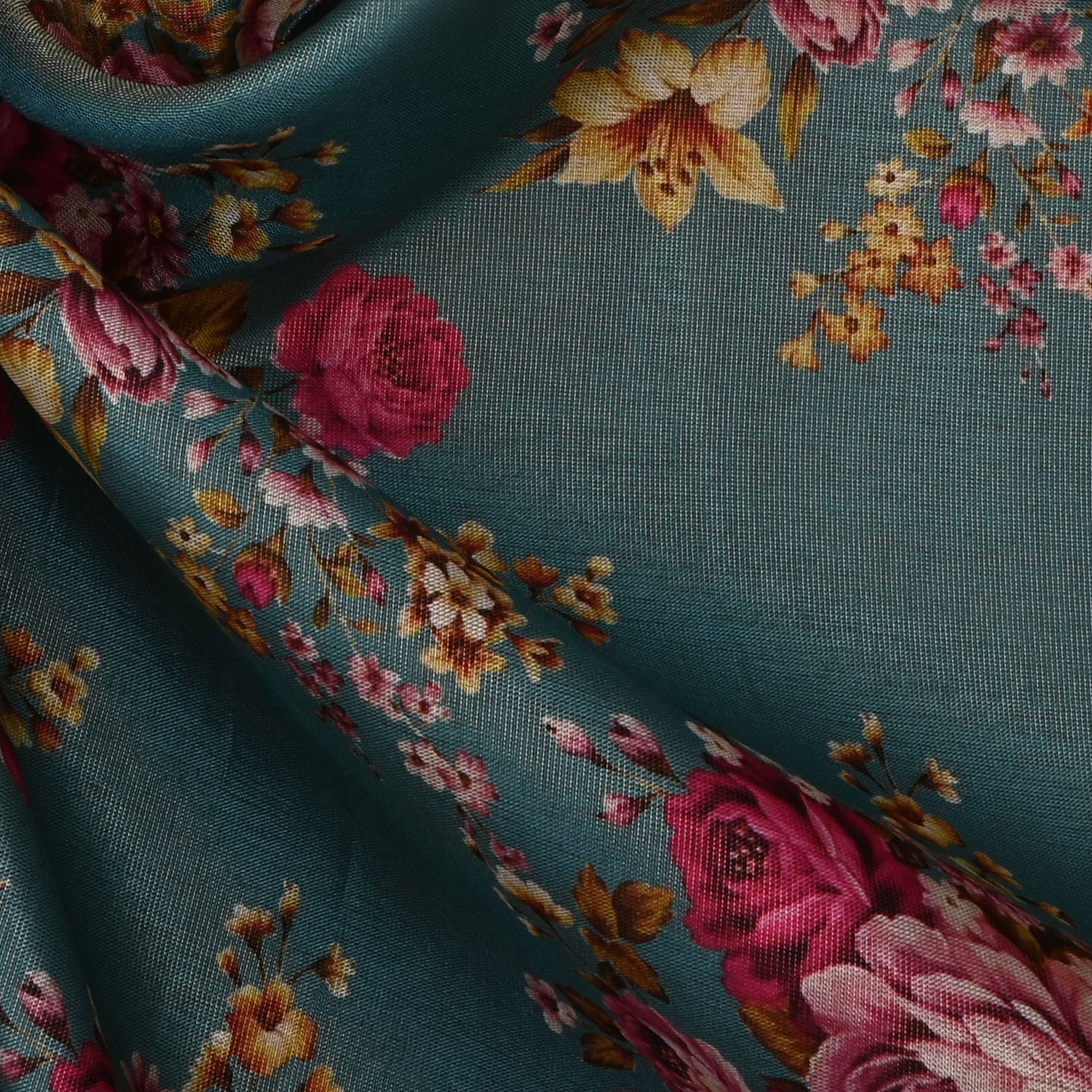Cadet Blue Tissue Fabric With Floral Prints