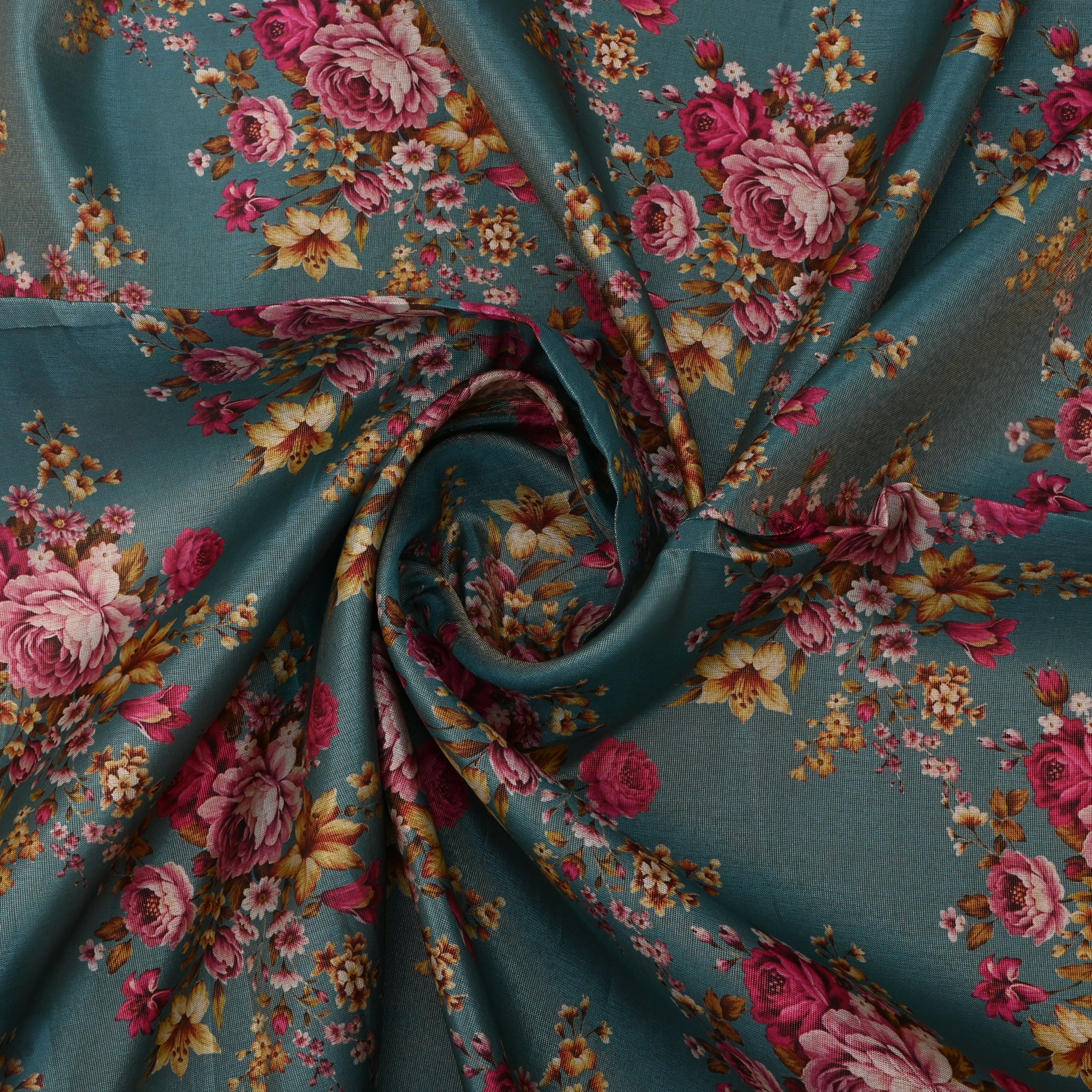 Cadet Blue Tissue Fabric With Floral Prints