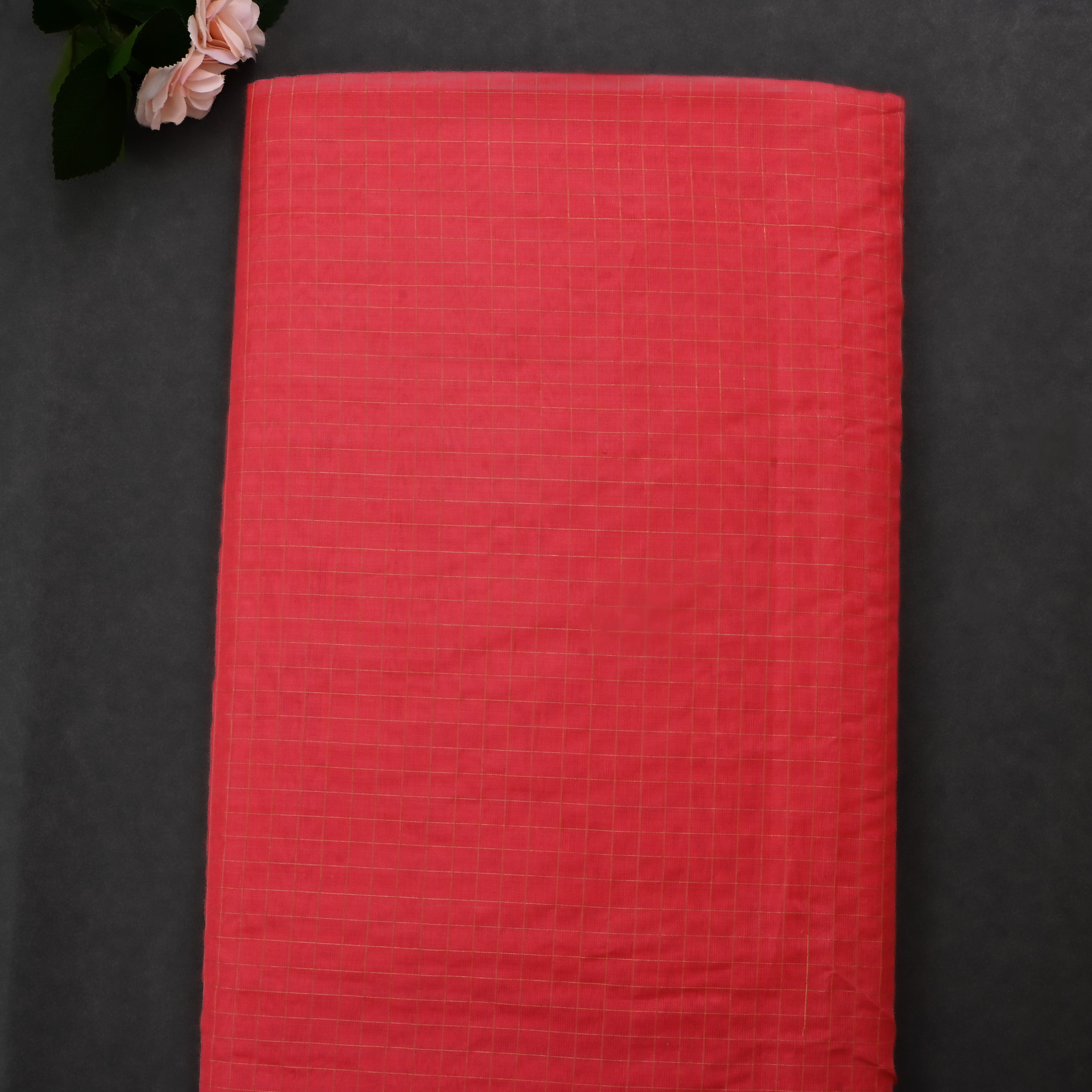 Brick Red Jamawar Silk Fabric With Checks Pattern