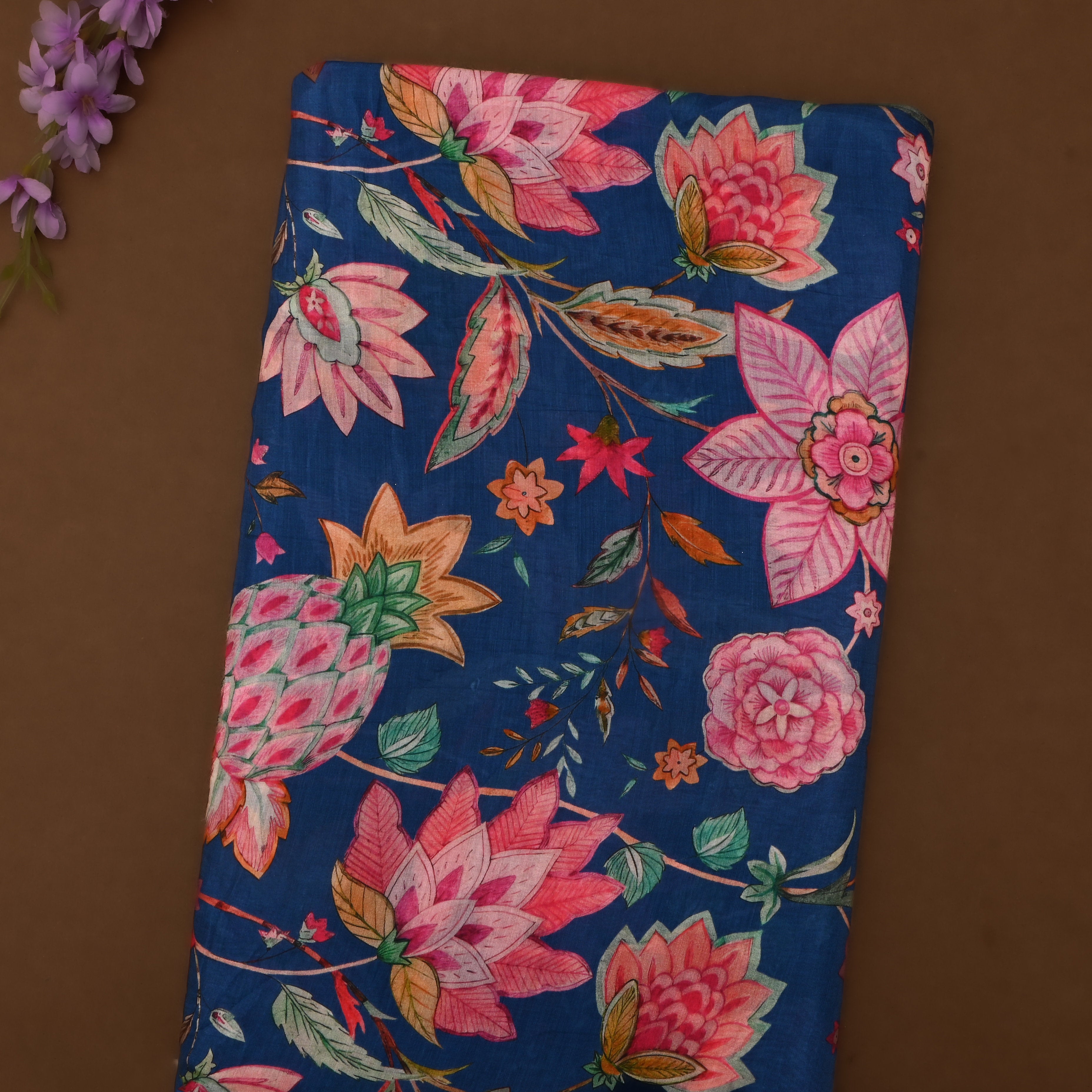 Cobalt Blue Silk Fabric With Prints