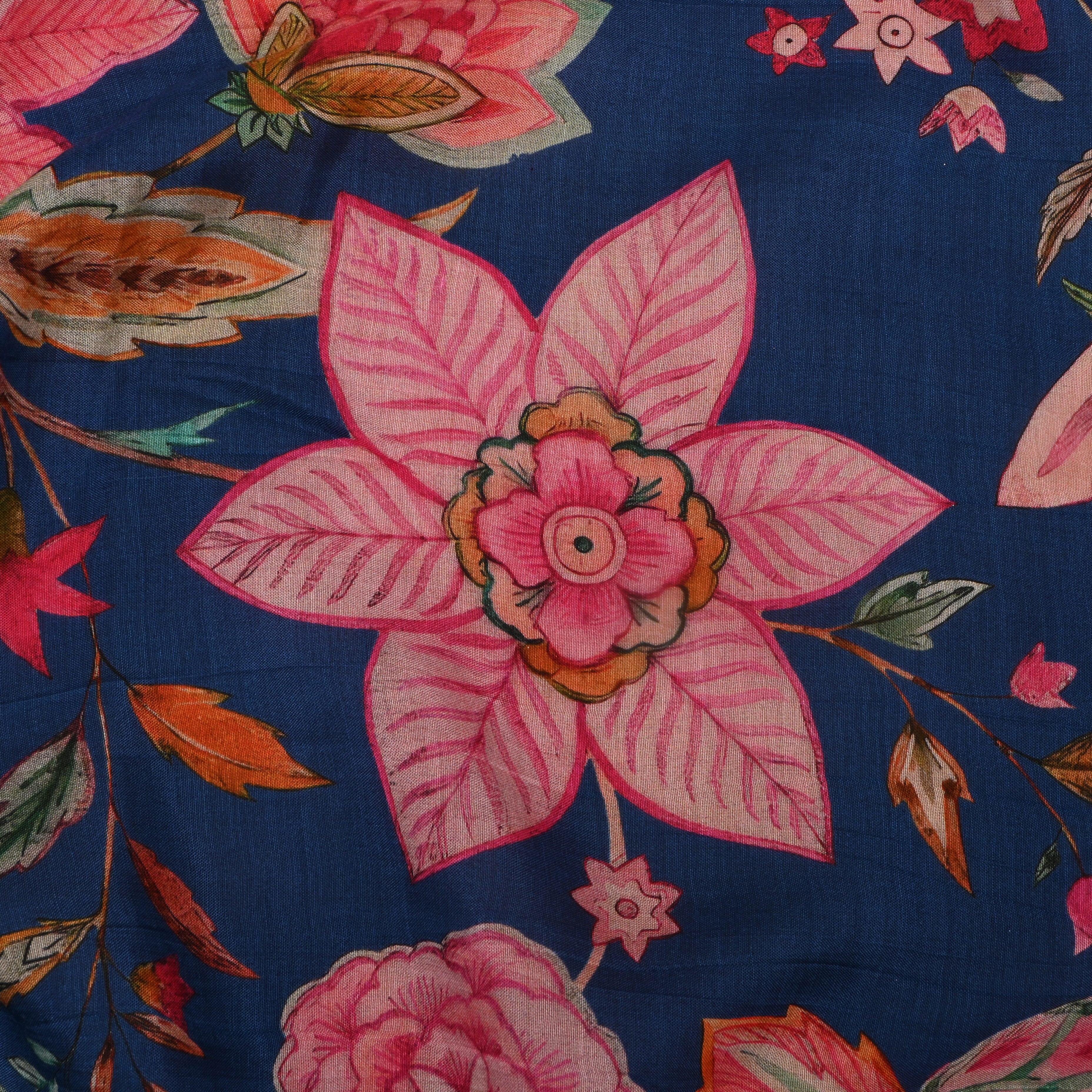 Cobalt Blue Silk Fabric With Prints