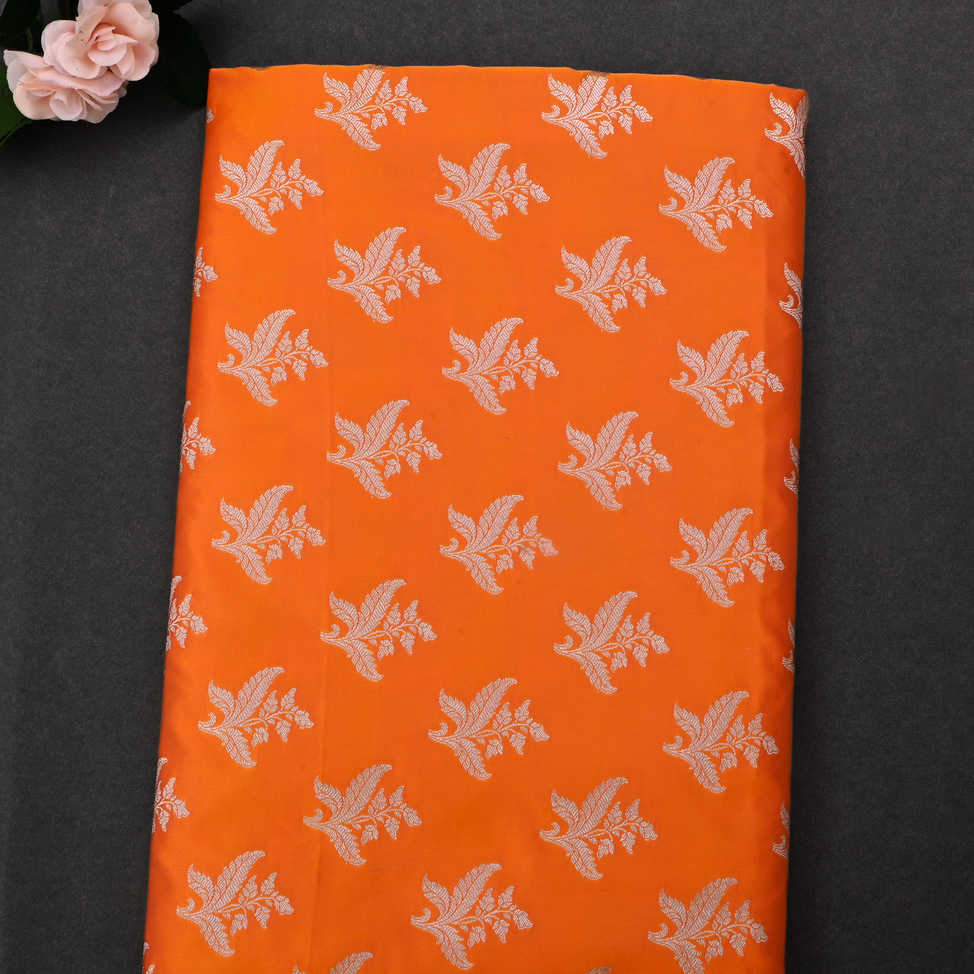 Papaya Orange Jamawar Satin Fabric With Floral Butti'S
