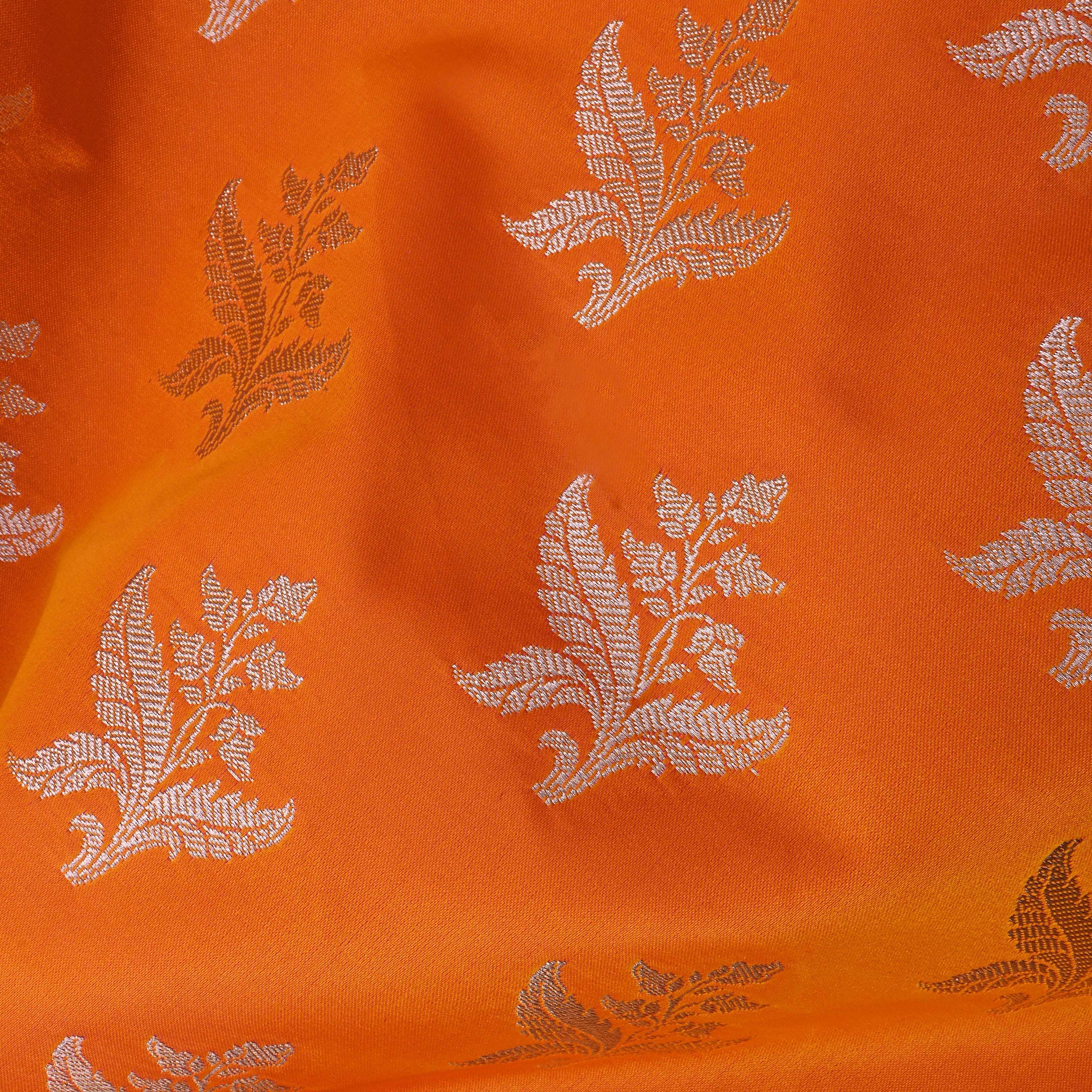 Papaya Orange Jamawar Satin Fabric With Floral Butti'S