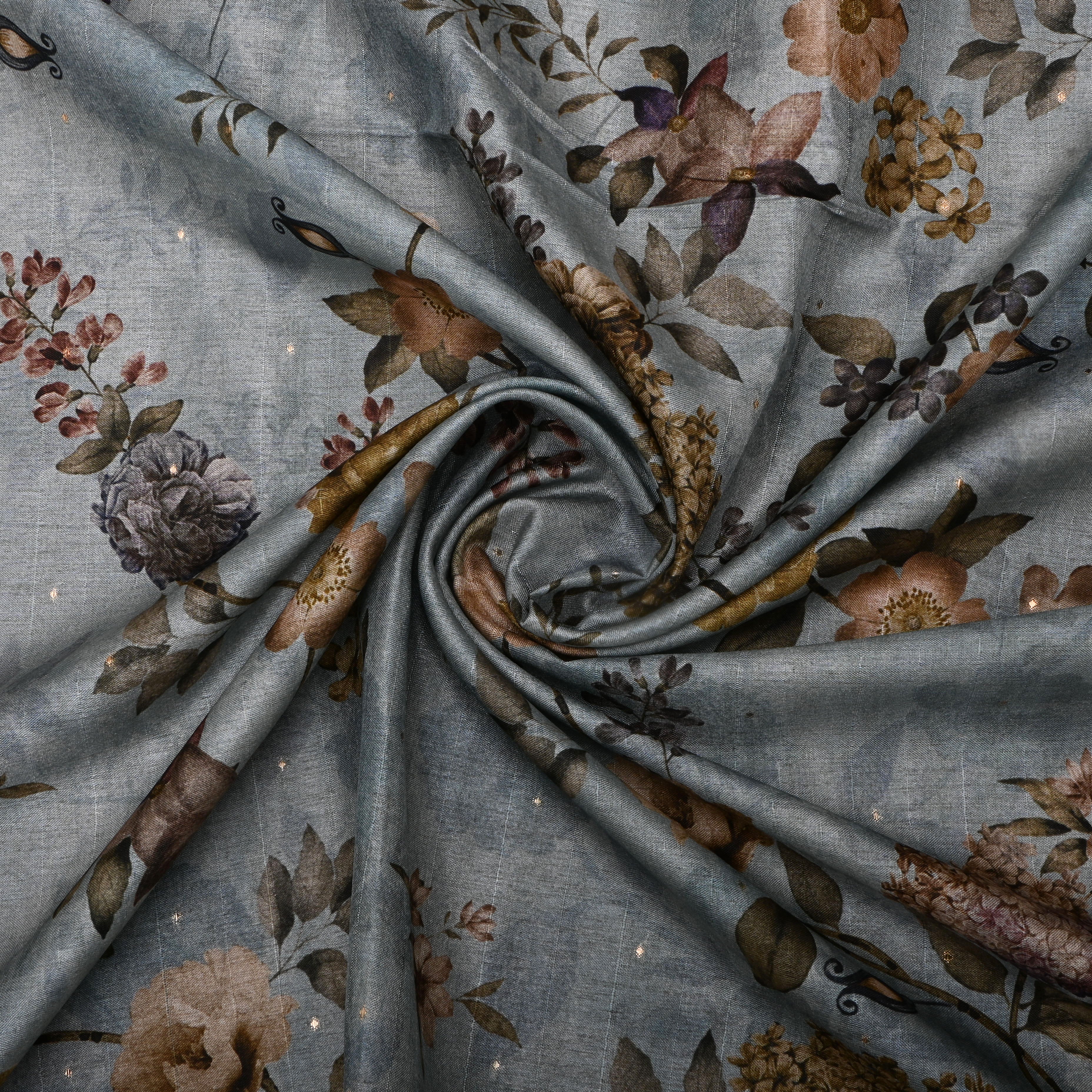 Slate Grey Tussar Fabric With Digital Prints