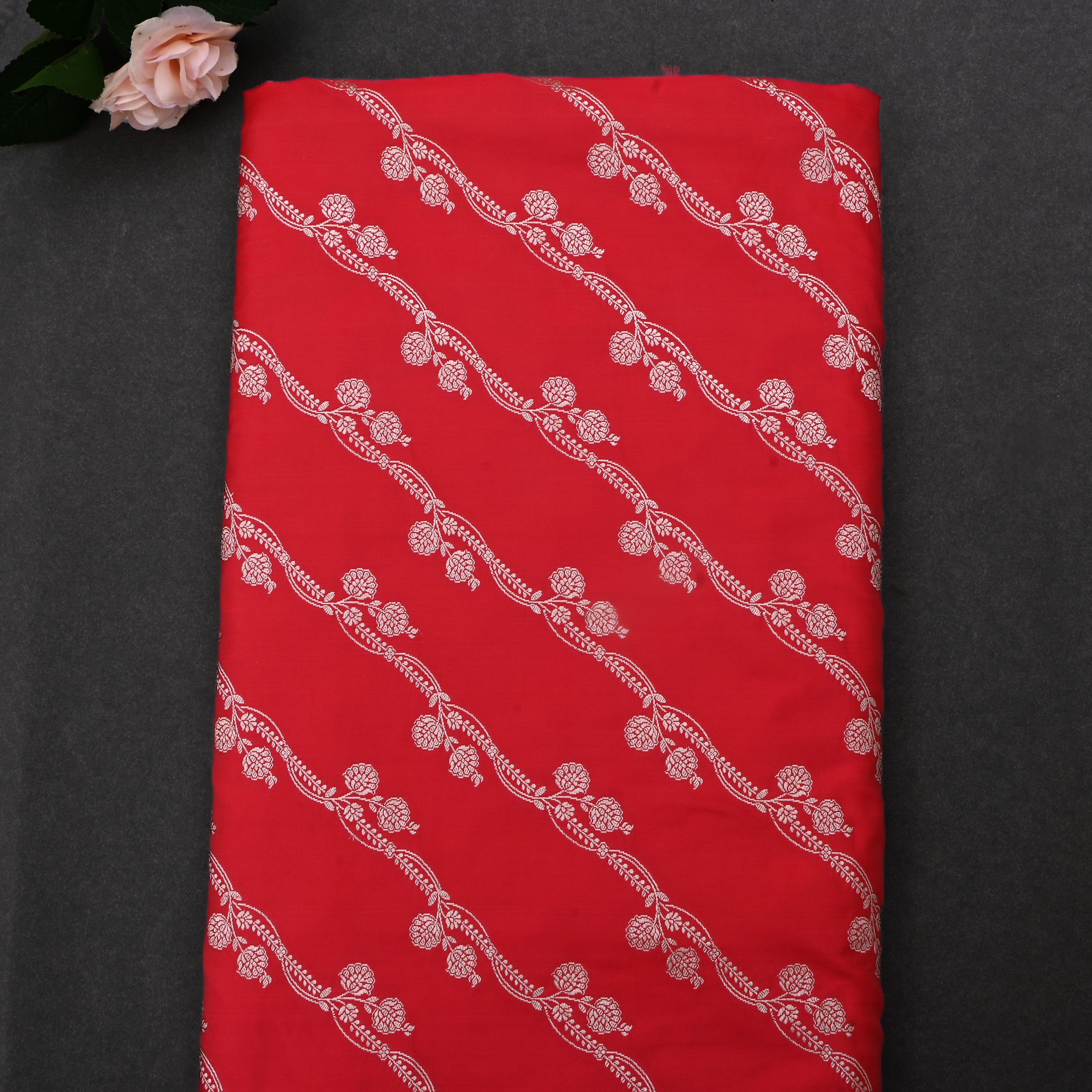 Chili Red Jamawar Satin Fabric With Floral Stripes