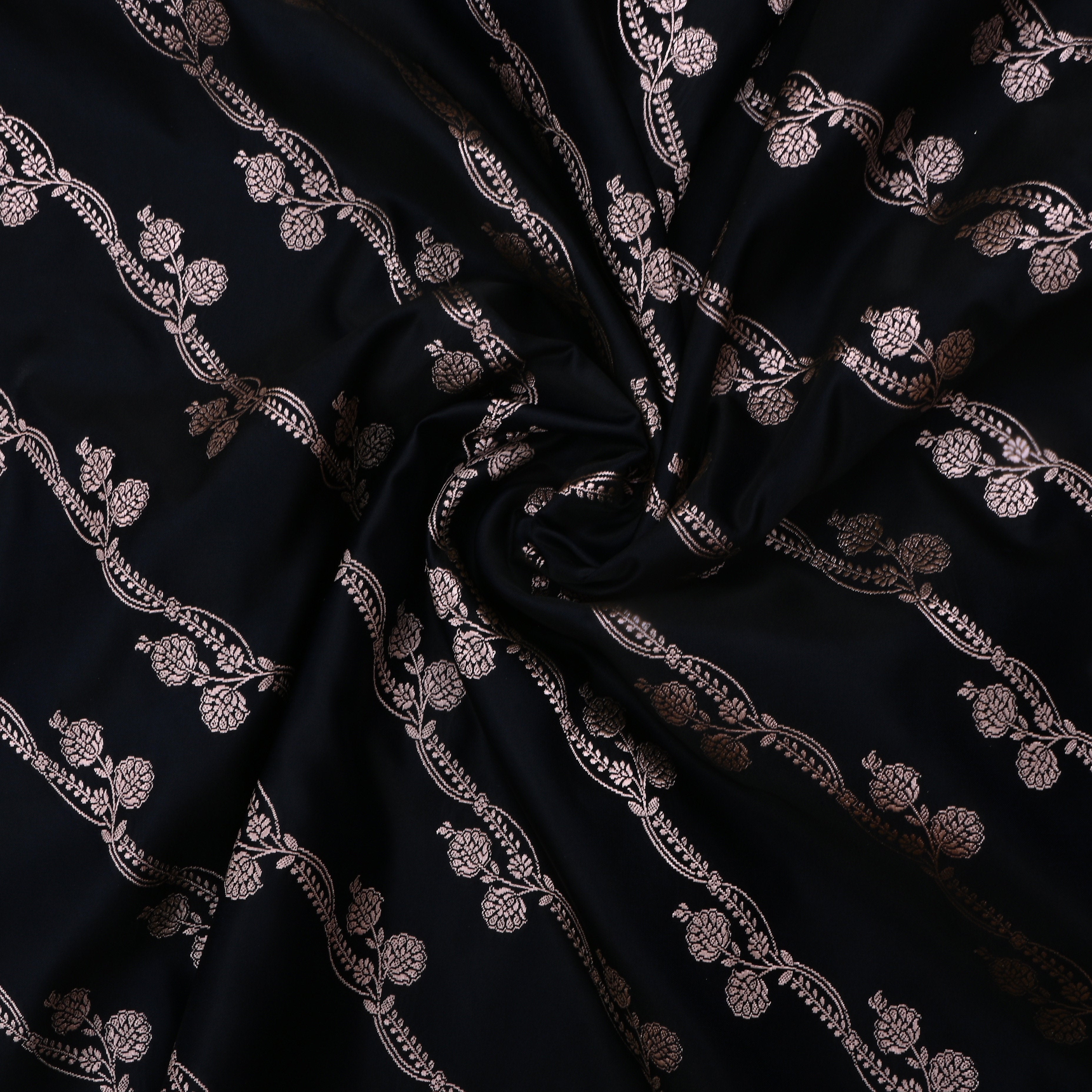 Black Jamawar Satin Fabric With Floral Stripes