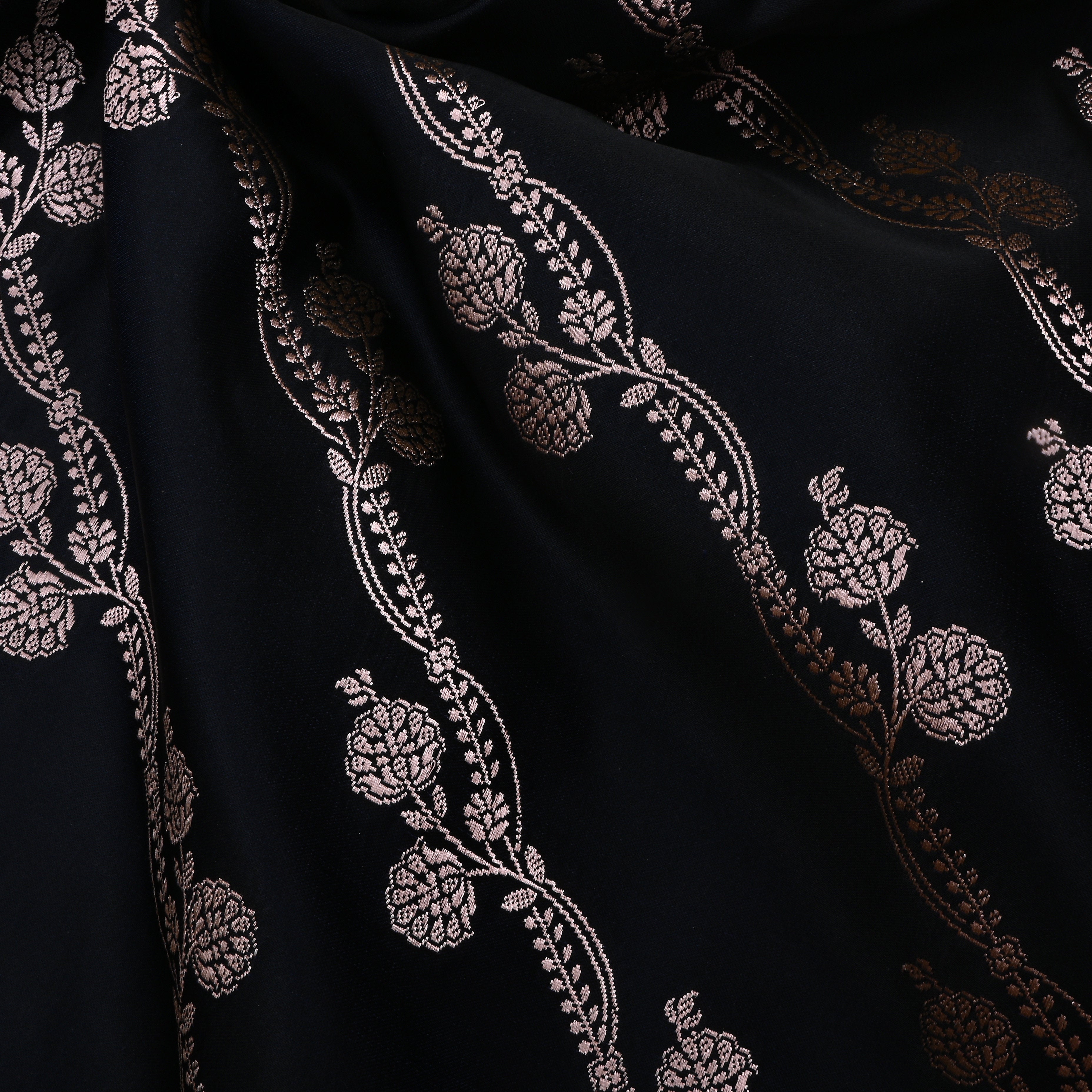 Black Jamawar Satin Fabric With Floral Stripes