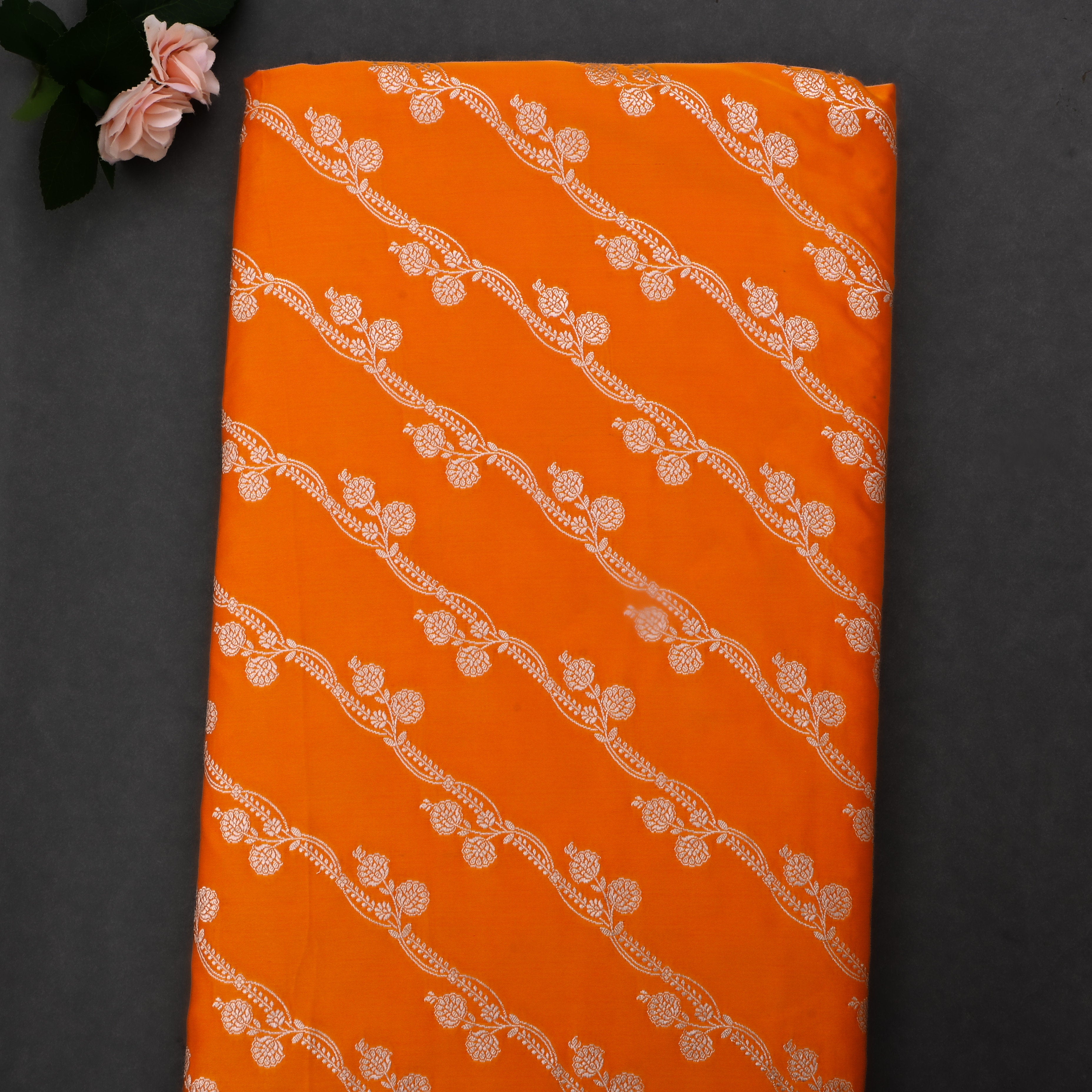 Bamboo Orange Jamawar Satin Fabric With Floral Stripes