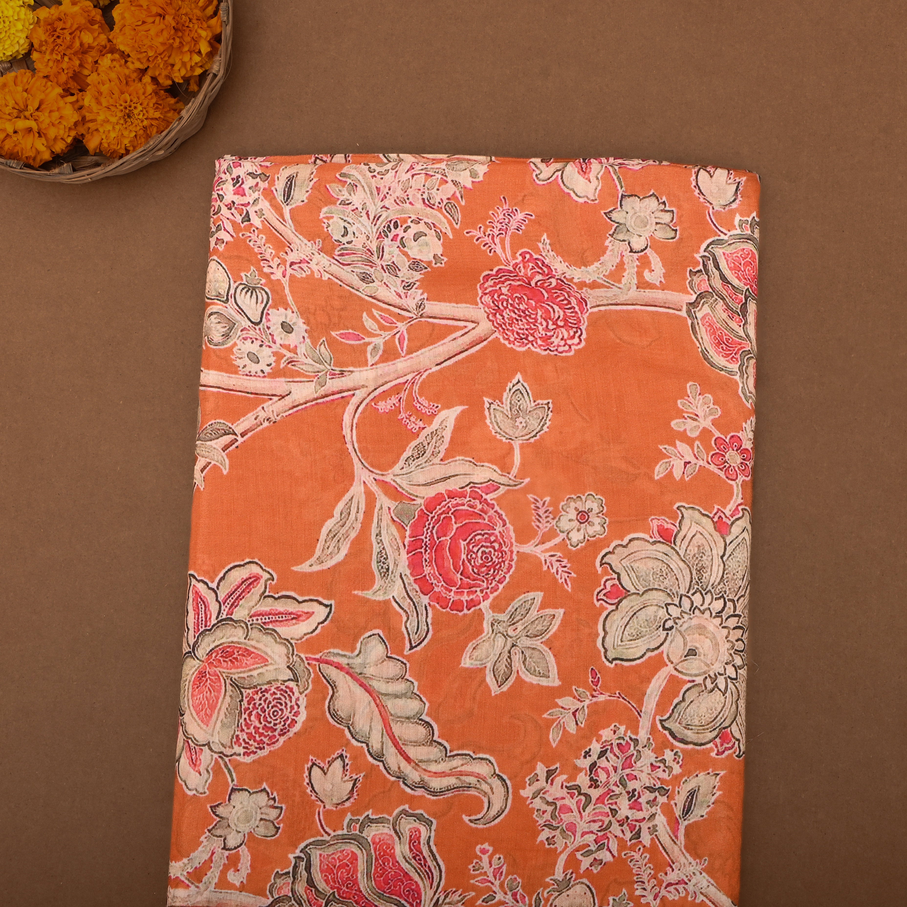 Hot Orange Silk Fabric With Digital Prints