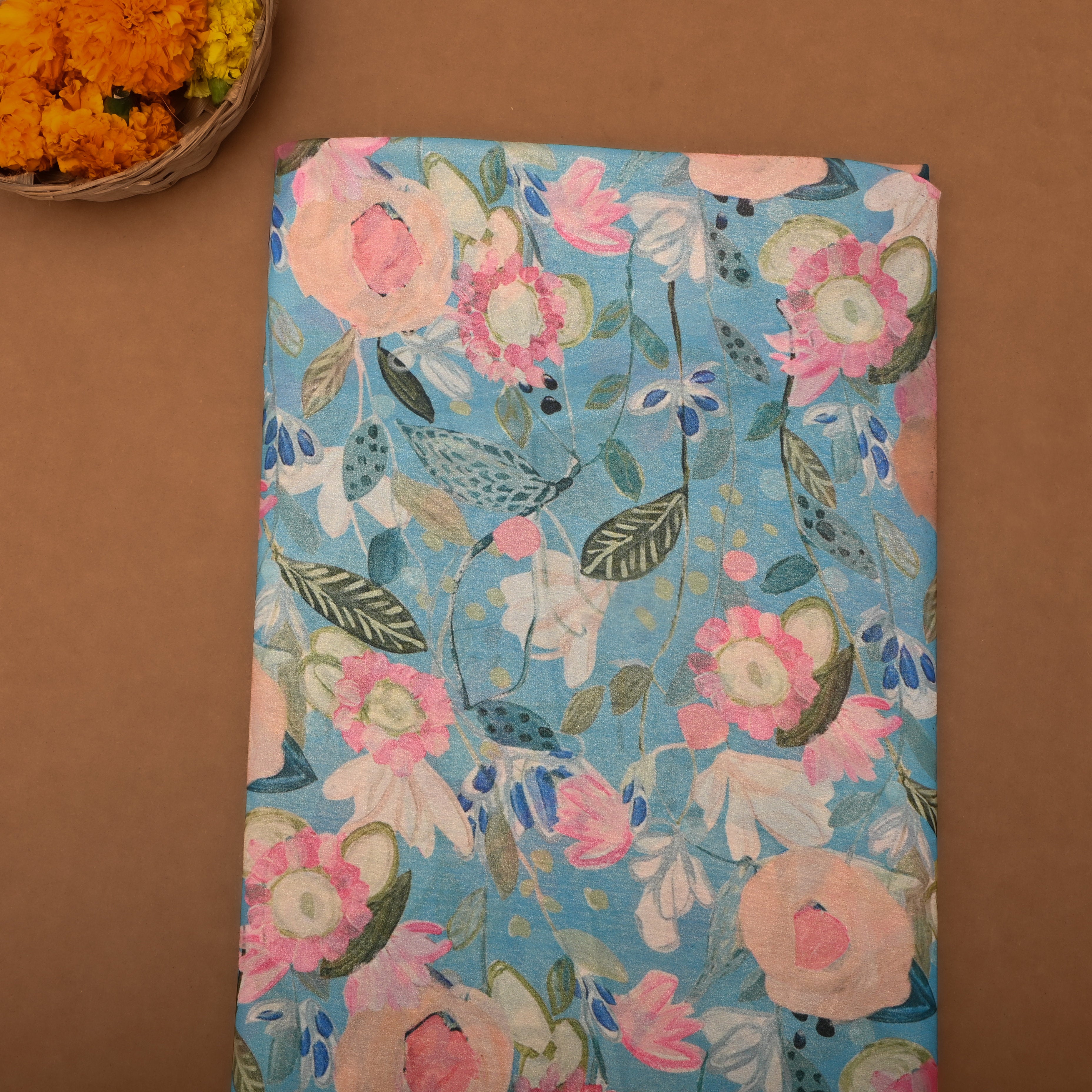 Baby Blue Tissue Fabric With Floral Prints