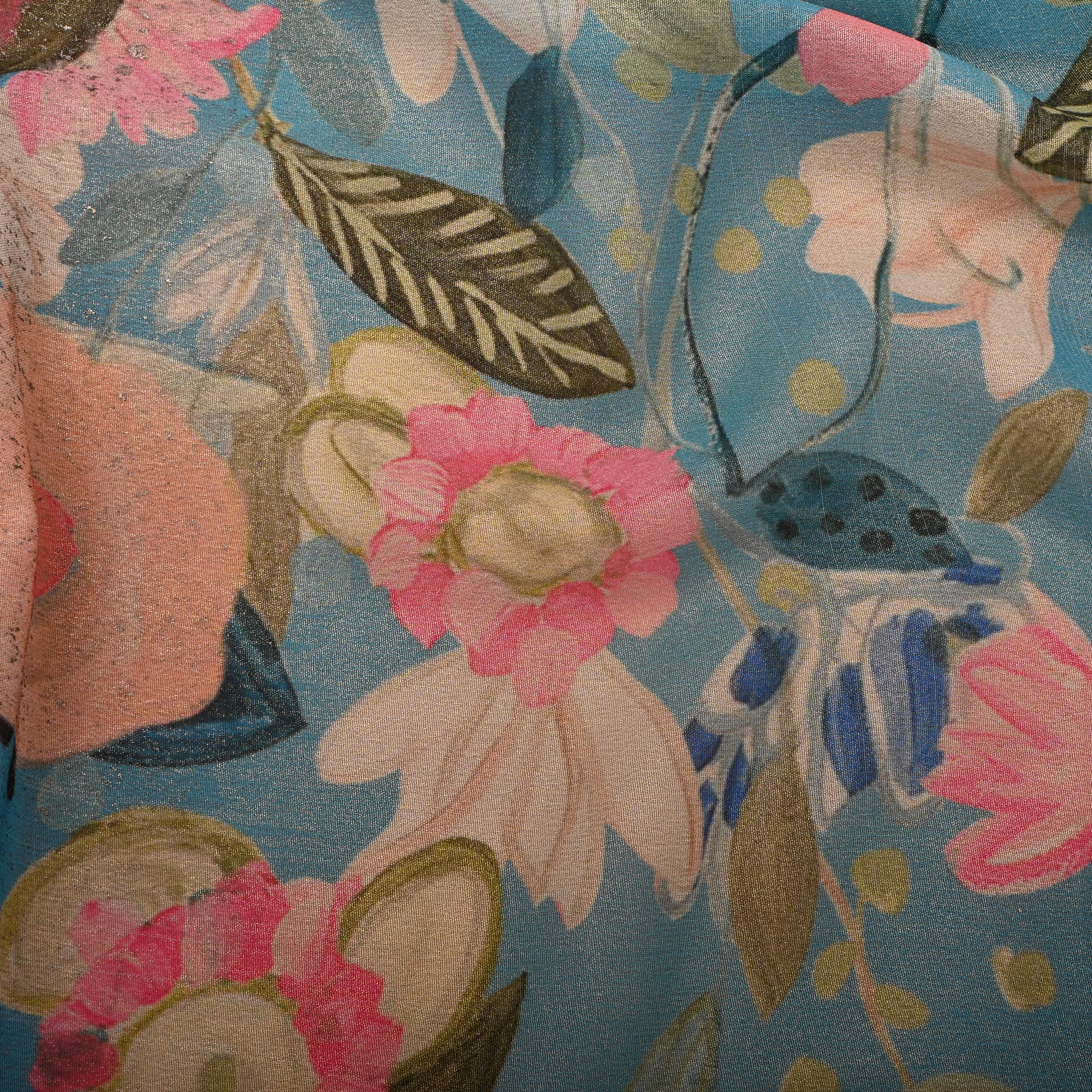 Baby Blue Tissue Fabric With Floral Prints