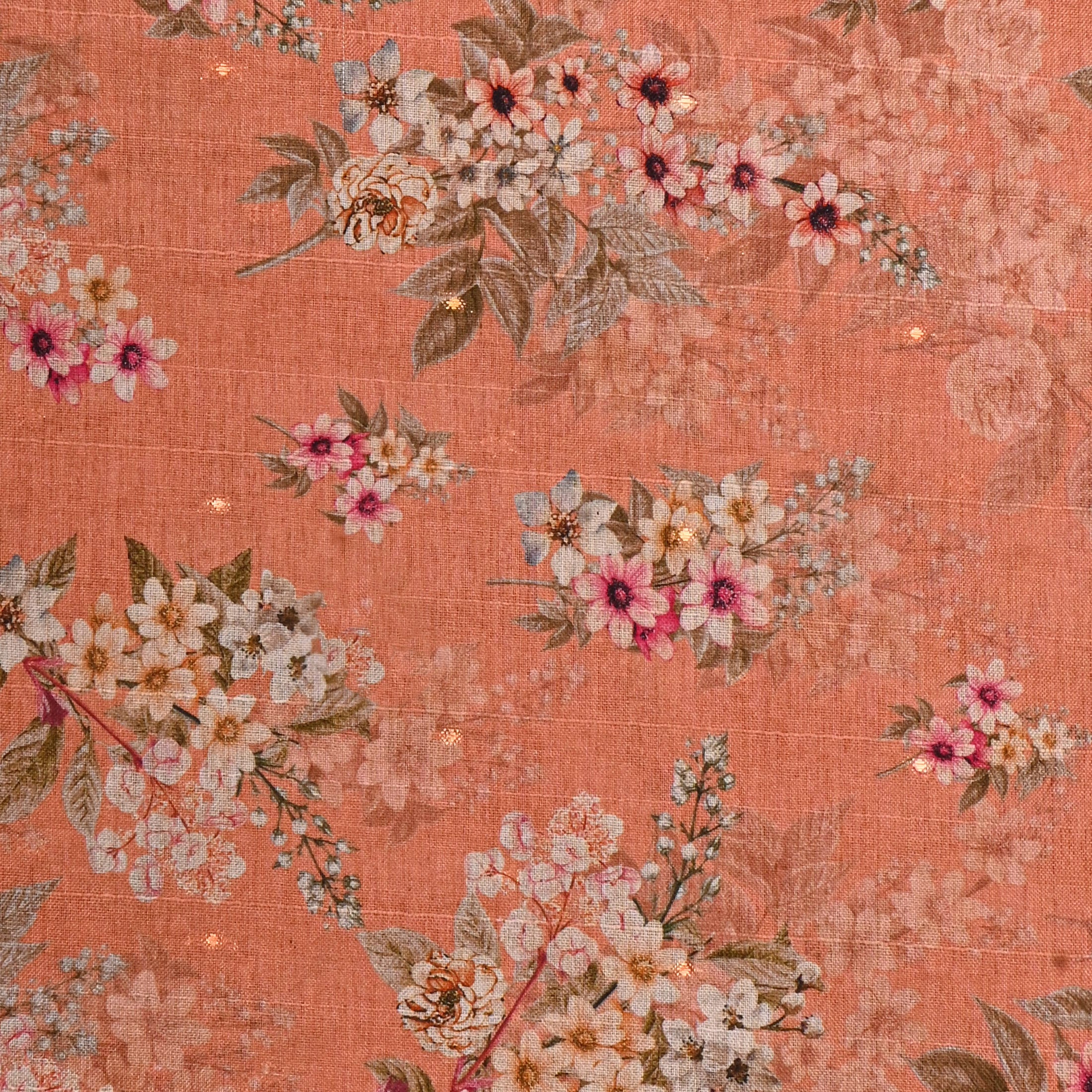 Dark Peach Tussar Fabric With Floral Prints