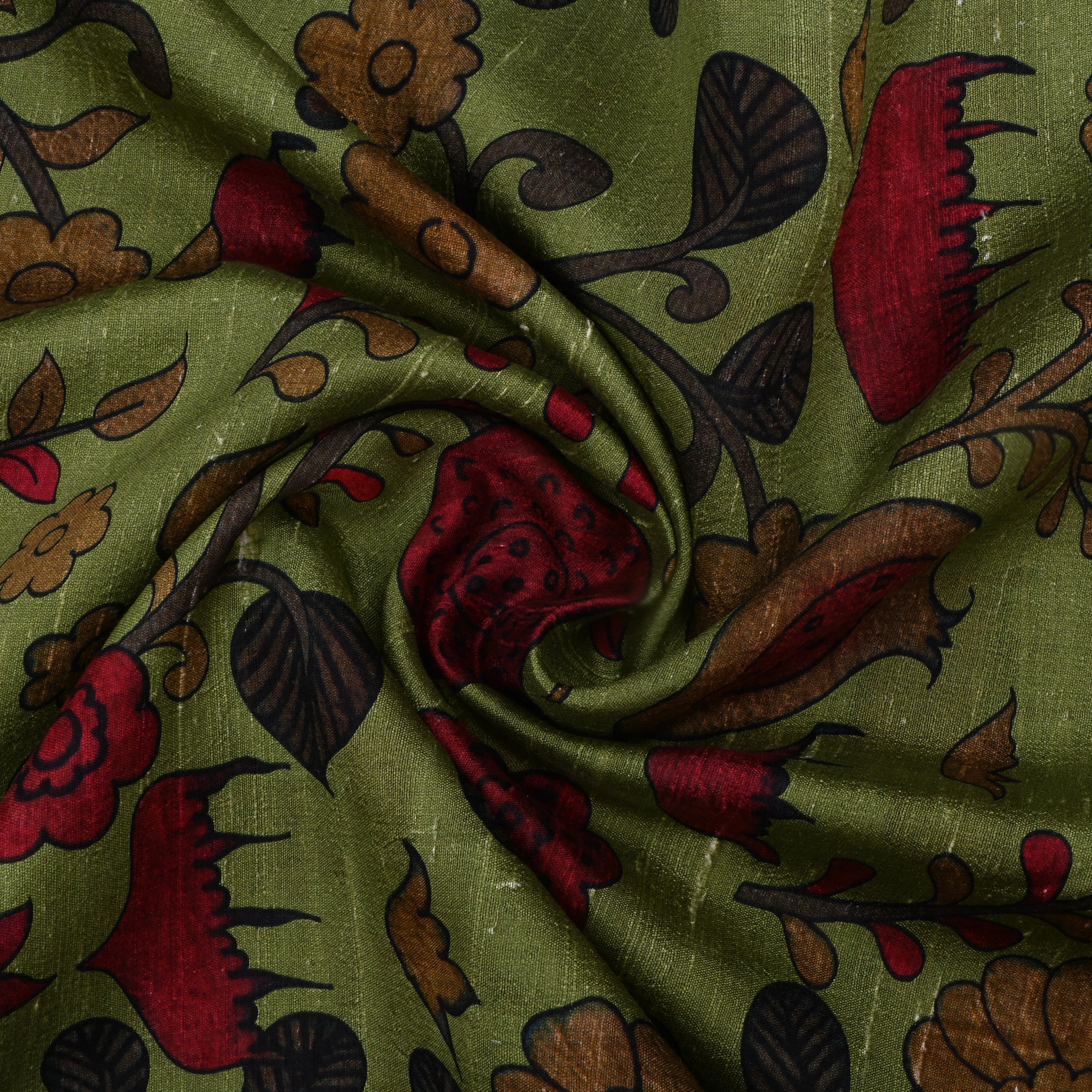 Woodland Green Dupion Fabric With Digital Print