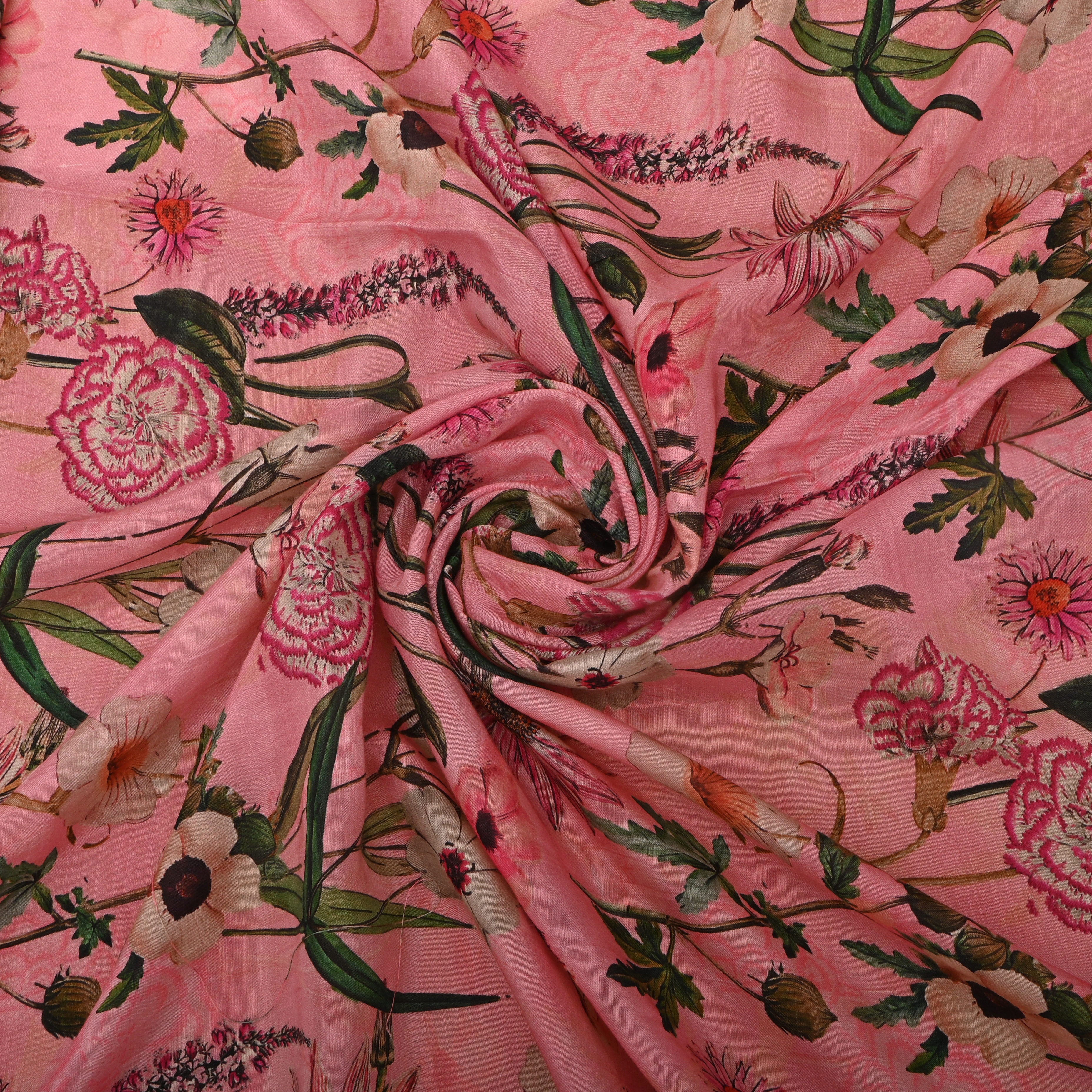 Soft Pink Silk Fabric With Floral Prints