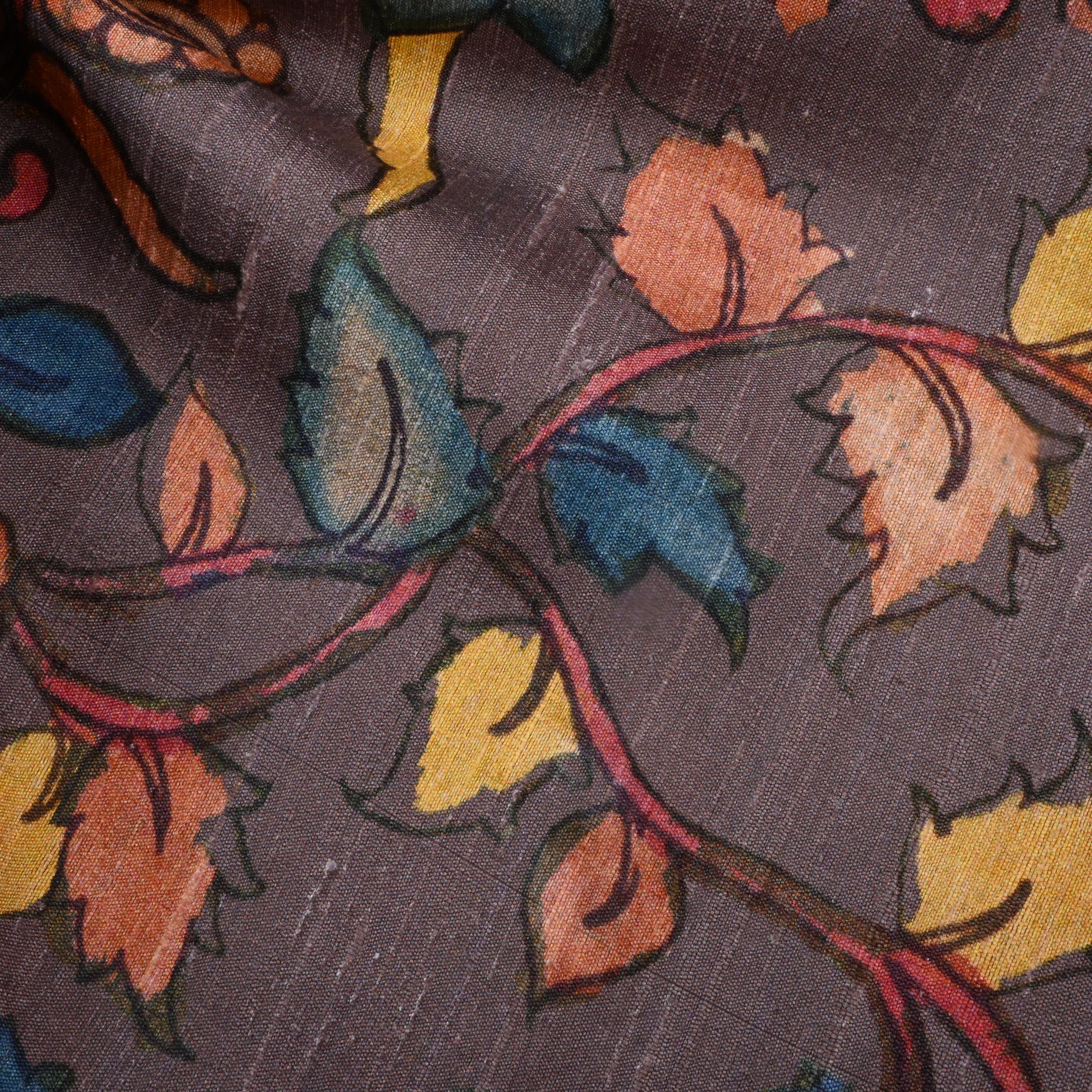 Smokey Gray Dupion Fabric With Kalamkari Print
