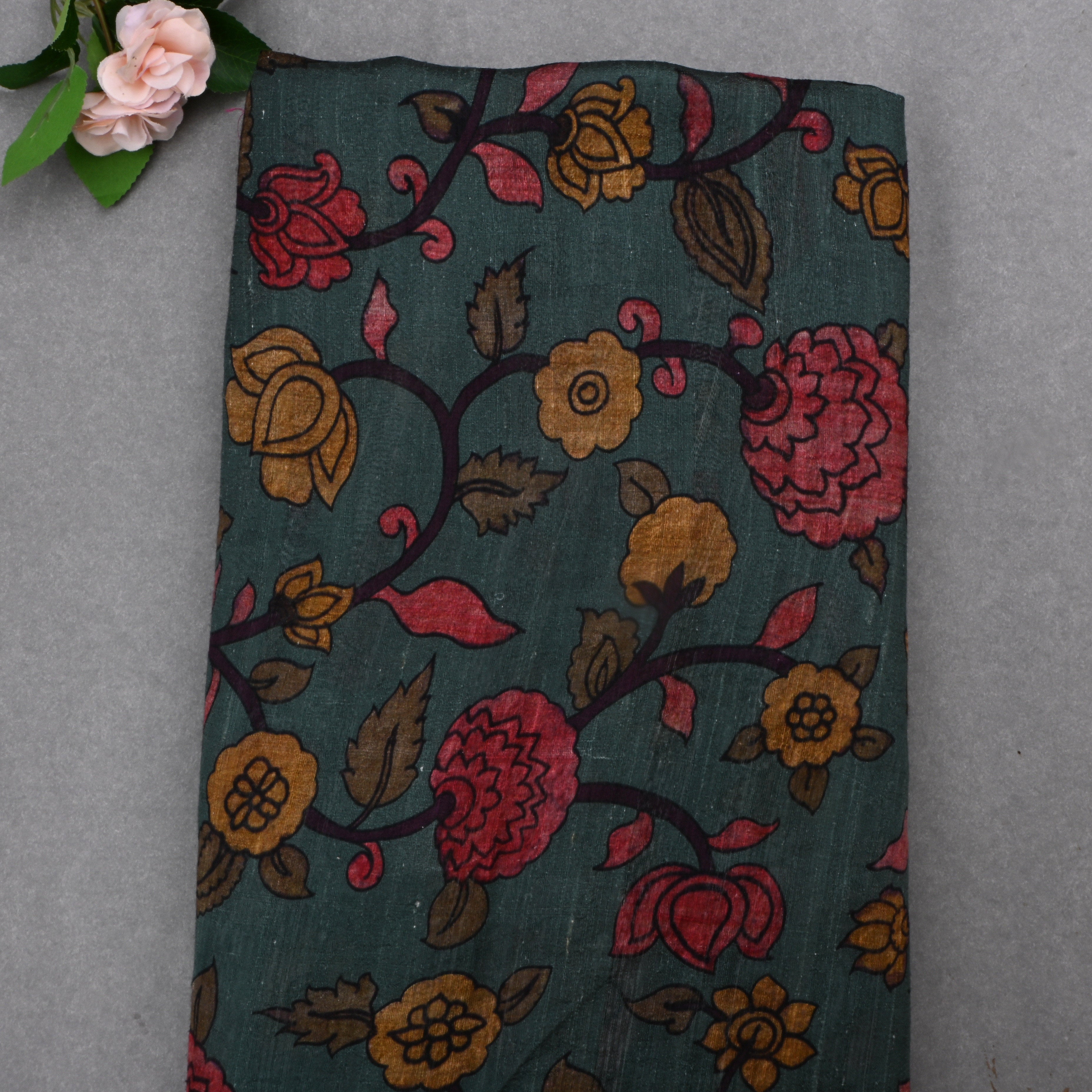 Gunmetal Green Dupion Fabric With Digital Print