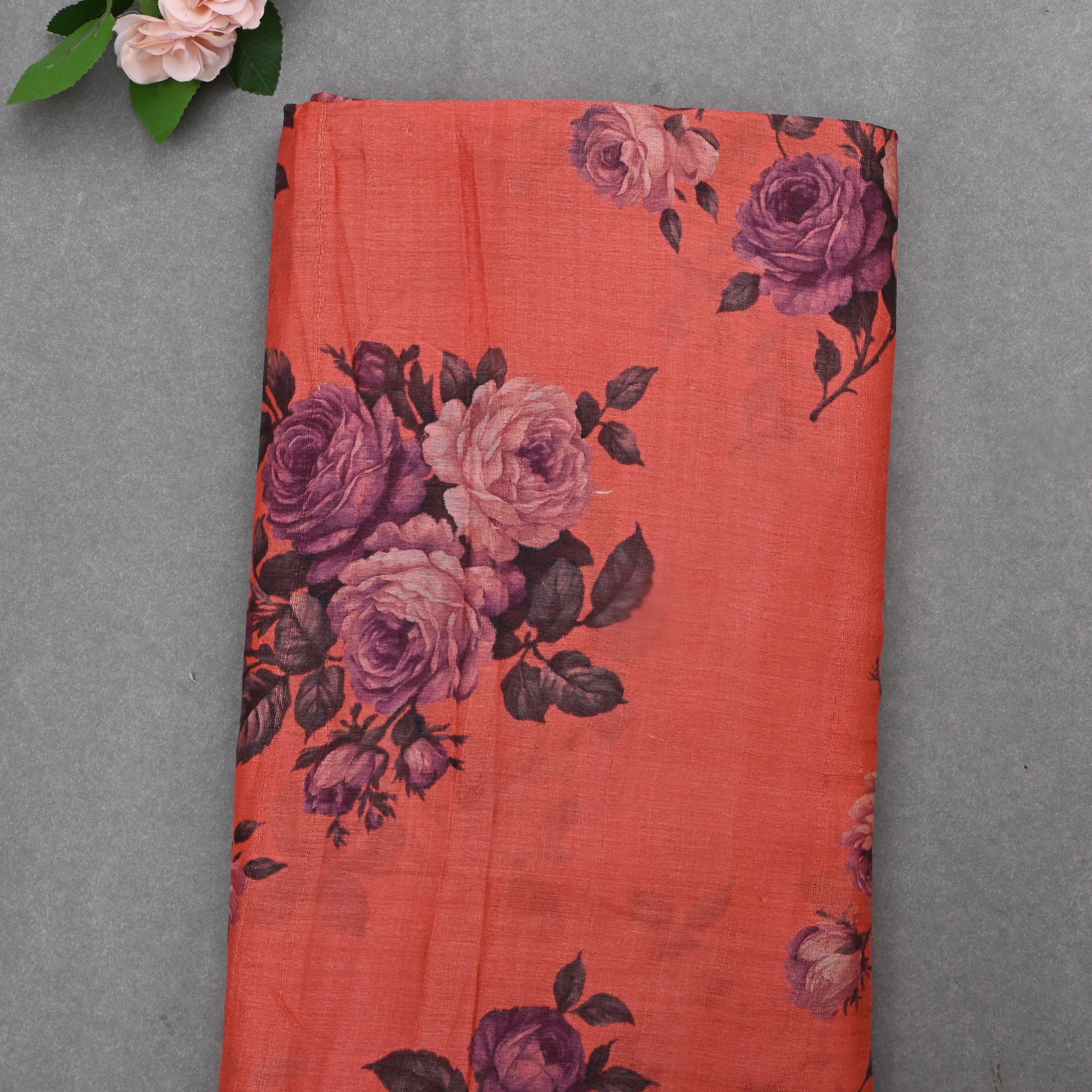 Dark Coral Orange Tussar Fabric With Floral Prints