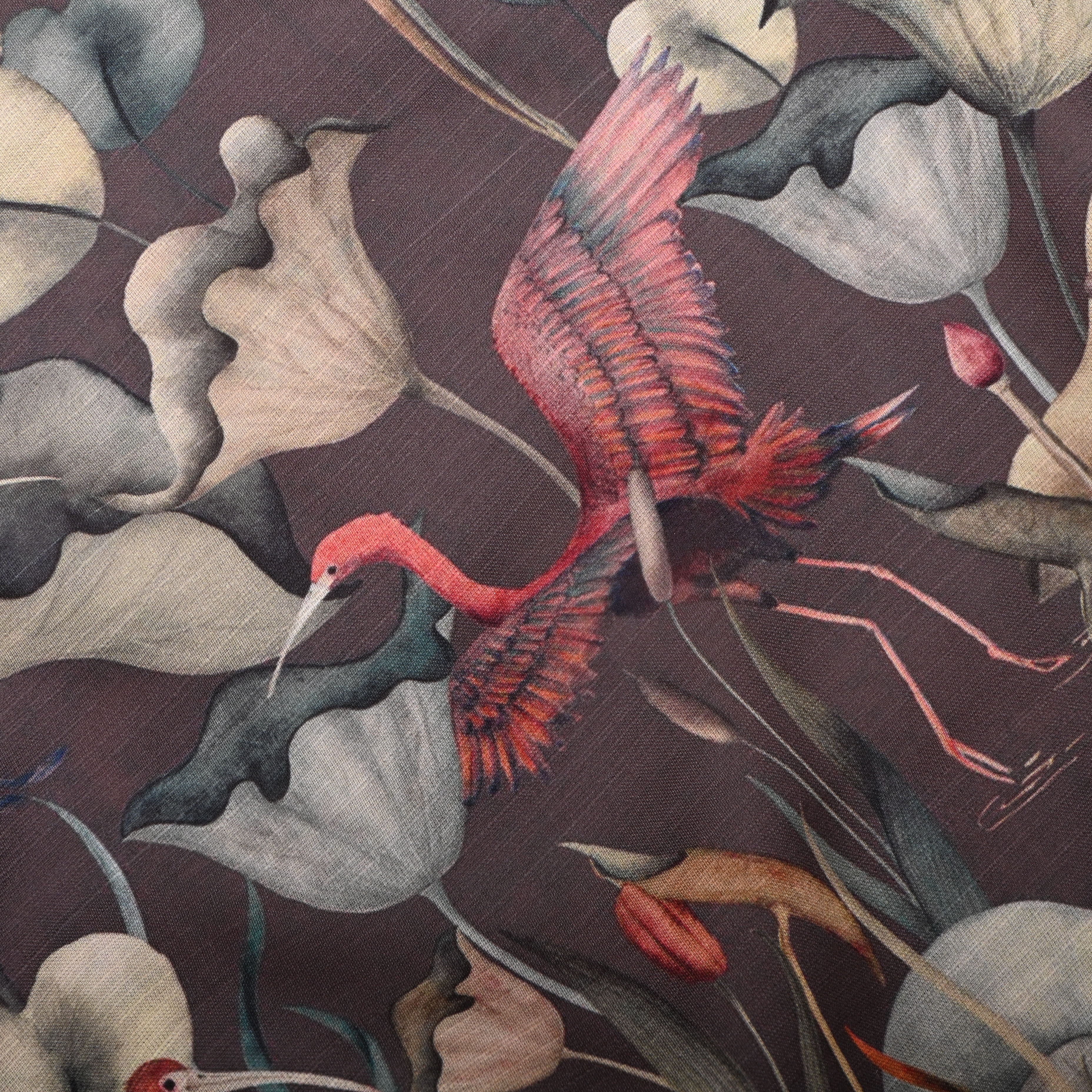 Wenge Brown Silk Fabric With Swan And Floral Prints